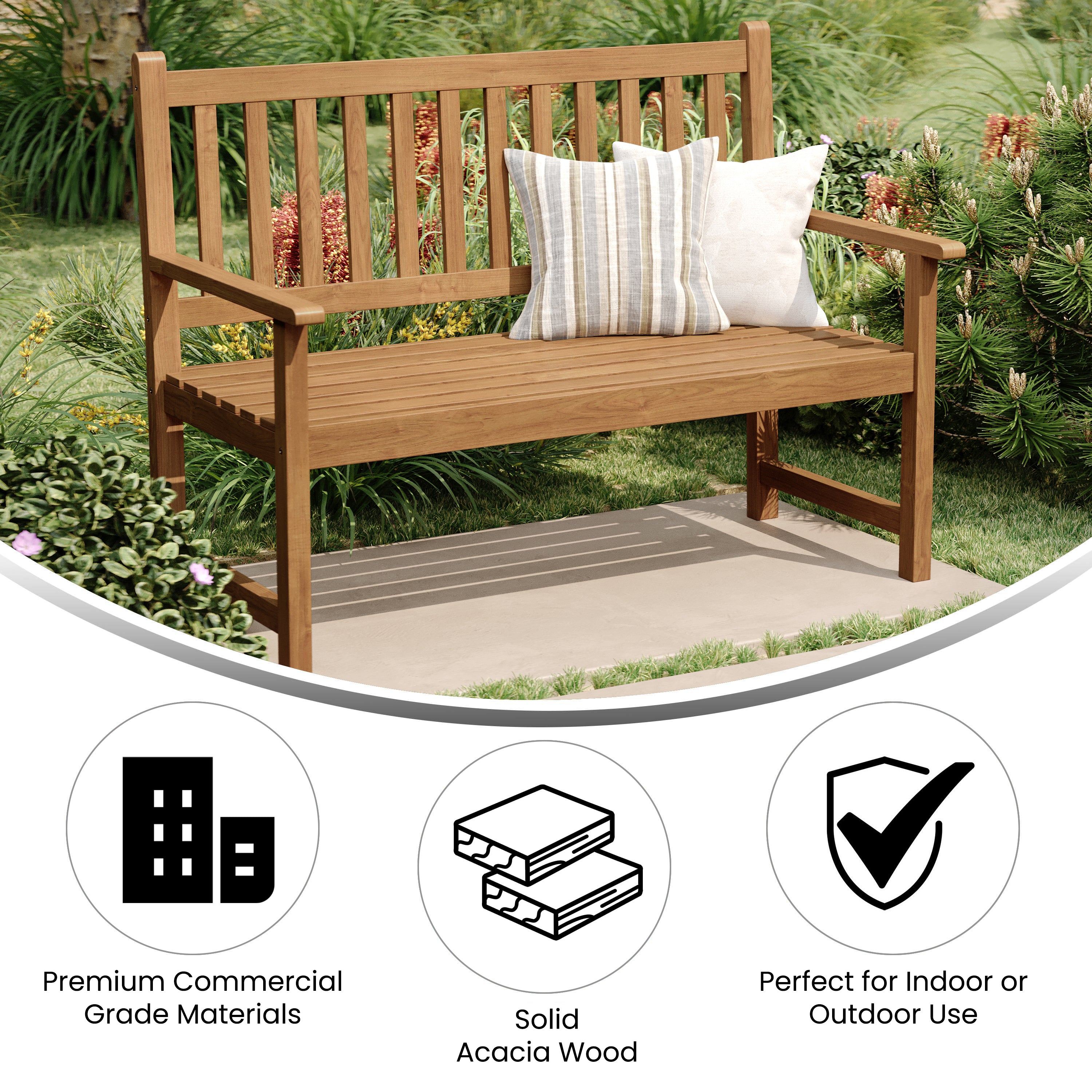 Adele Commercial Grade Indoor/Outdoor Patio Acacia Wood Bench, 2-Person Slatted Seat Loveseat for Park, Garden, Yard, Porch, Brown