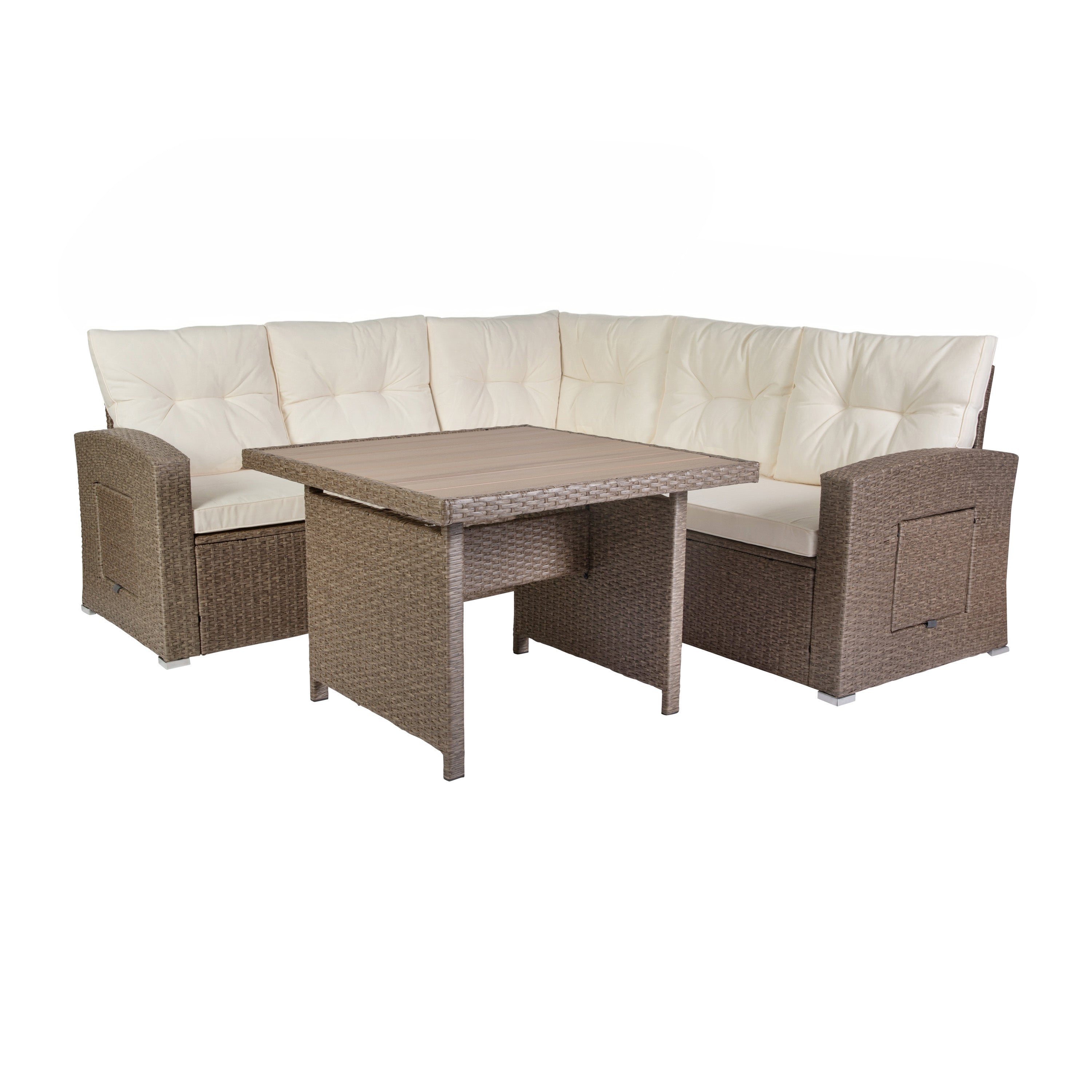 Huck Indoor/Outdoor Wicker Rattan Conversation Set, L-Shaped Sofa with Dining Table, Weather Resistant Cushions, Beige and Brown