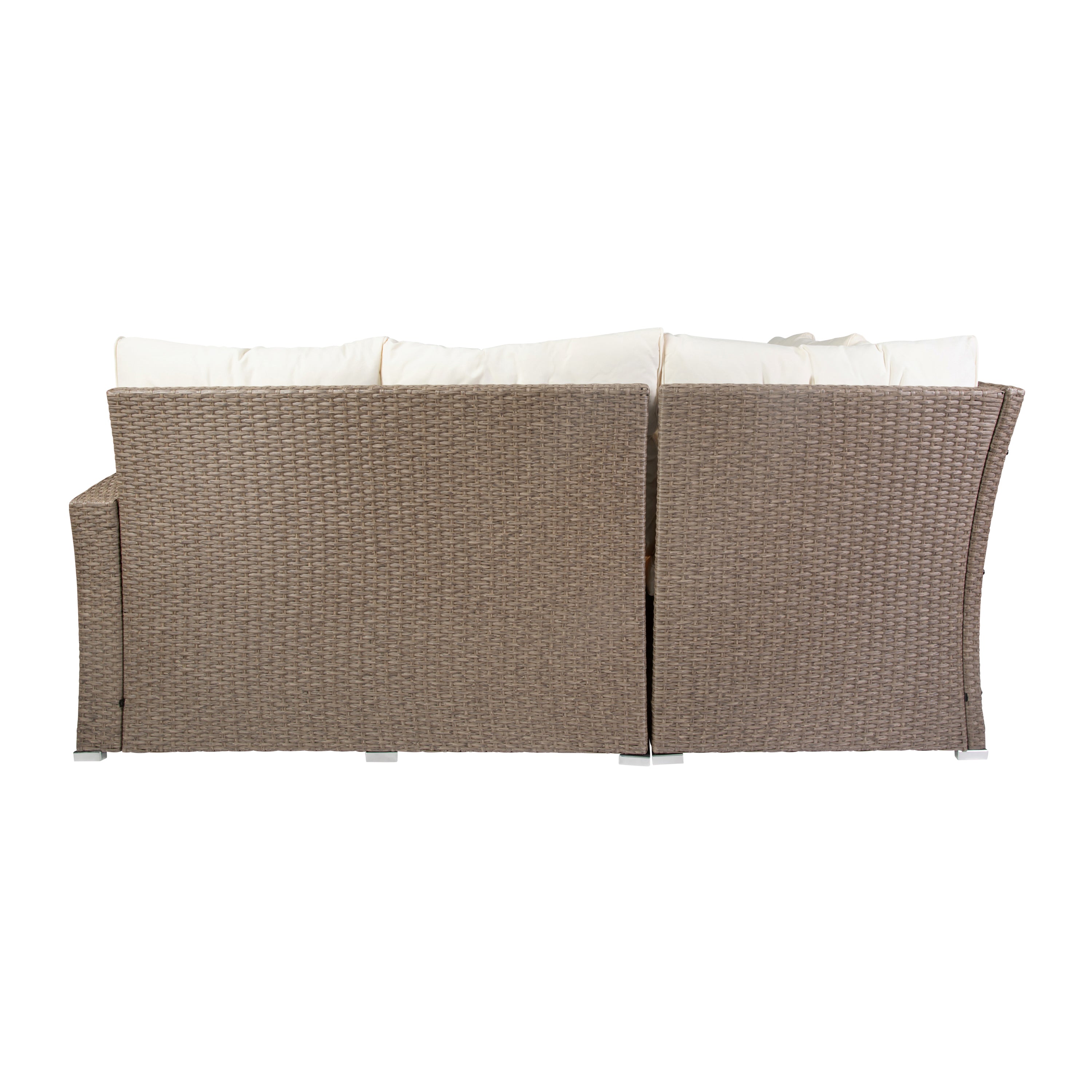 Huck Indoor/Outdoor Wicker Rattan Conversation Set, L-Shaped Sofa with Dining Table, Weather Resistant Cushions, Beige and Brown