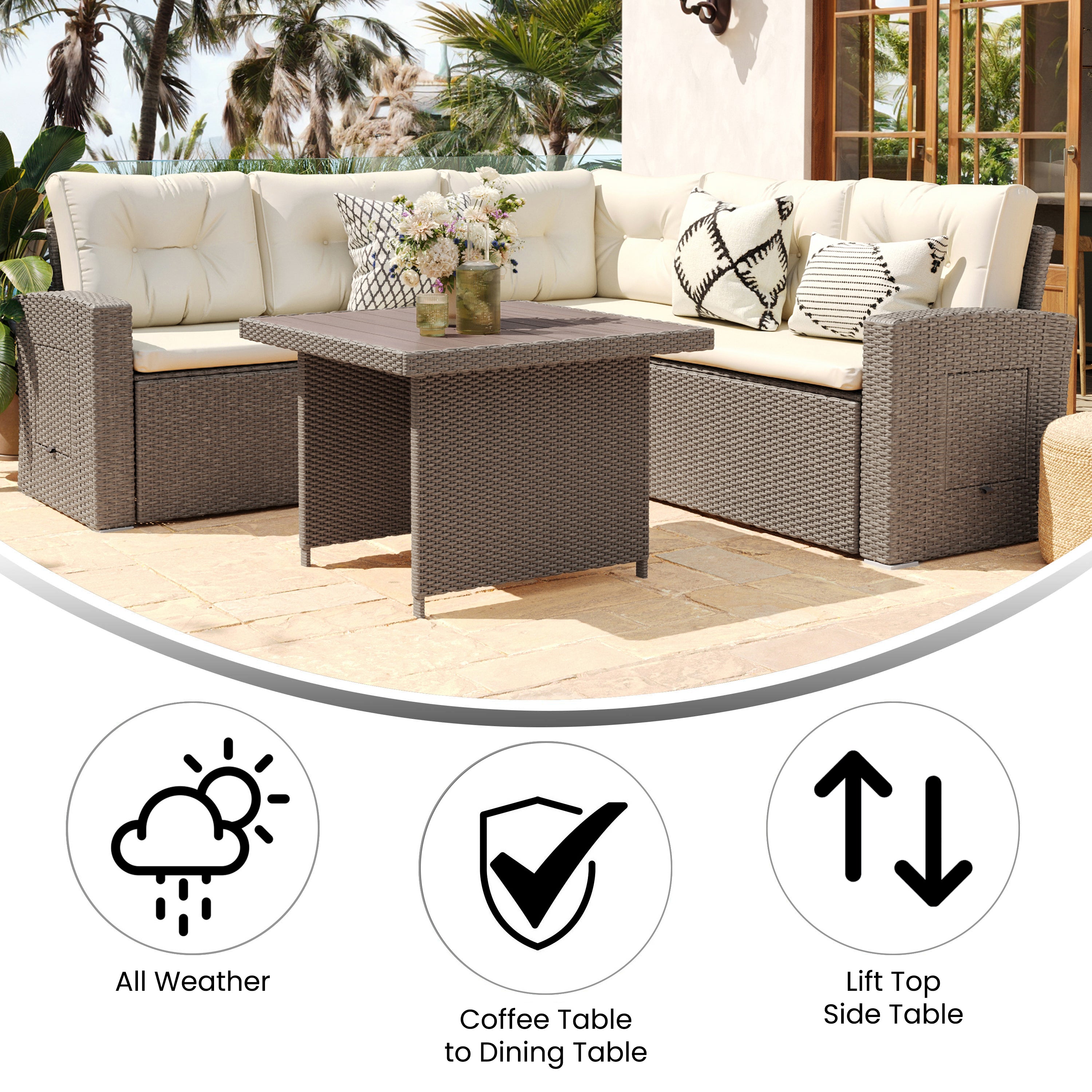 Huck Indoor/Outdoor Wicker Rattan Conversation Set, L-Shaped Sofa with Dining Table, Weather Resistant Cushions, Beige and Brown