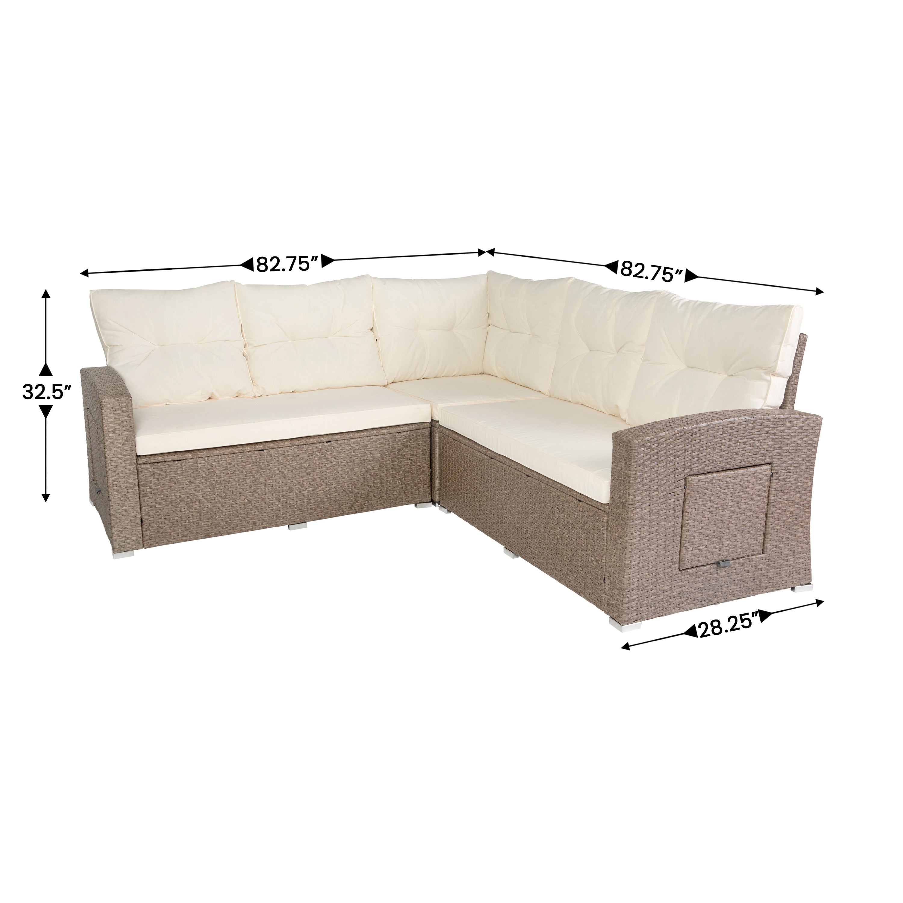 Huck Indoor/Outdoor Wicker Rattan Conversation Set, L-Shaped Sofa with Dining Table, Weather Resistant Cushions, Beige and Brown