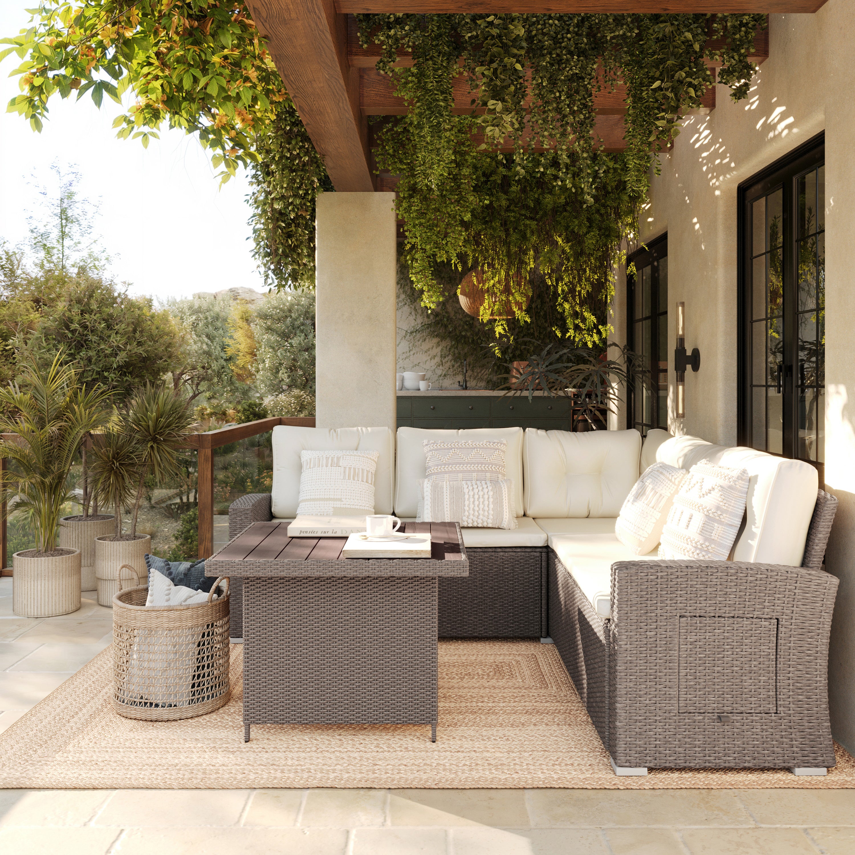 Huck Indoor/Outdoor Wicker Rattan Conversation Set, L-Shaped Sofa with Dining Table, Weather Resistant Cushions, Beige and Brown