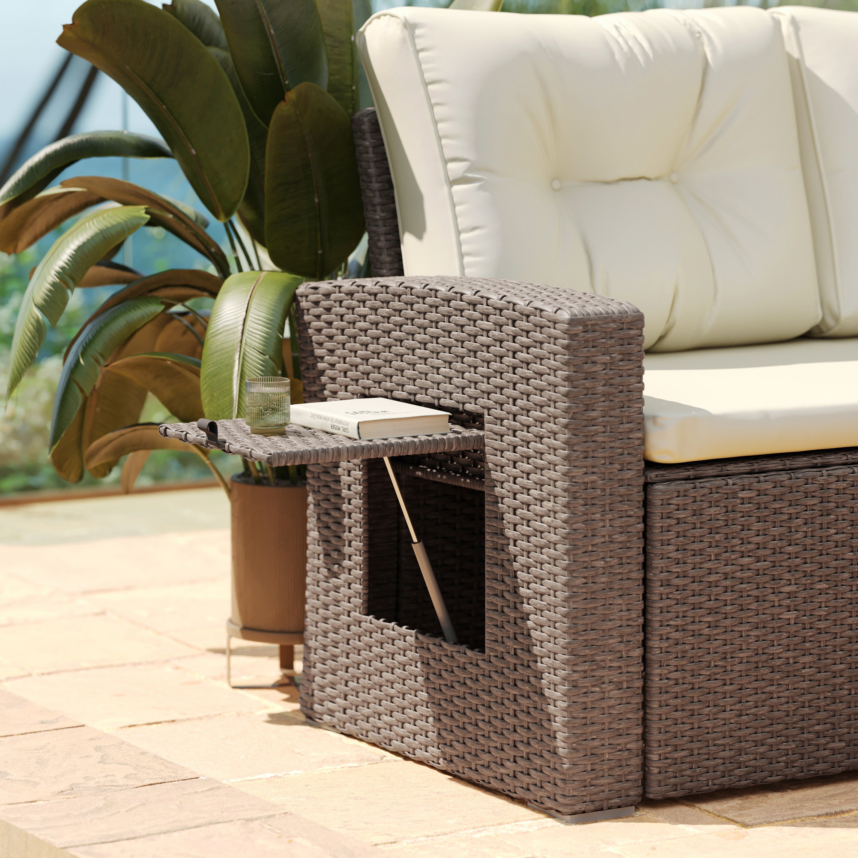 Huck Indoor/Outdoor Wicker Rattan Conversation Set, L-Shaped Sofa with Dining Table, Weather Resistant Cushions, Beige and Brown