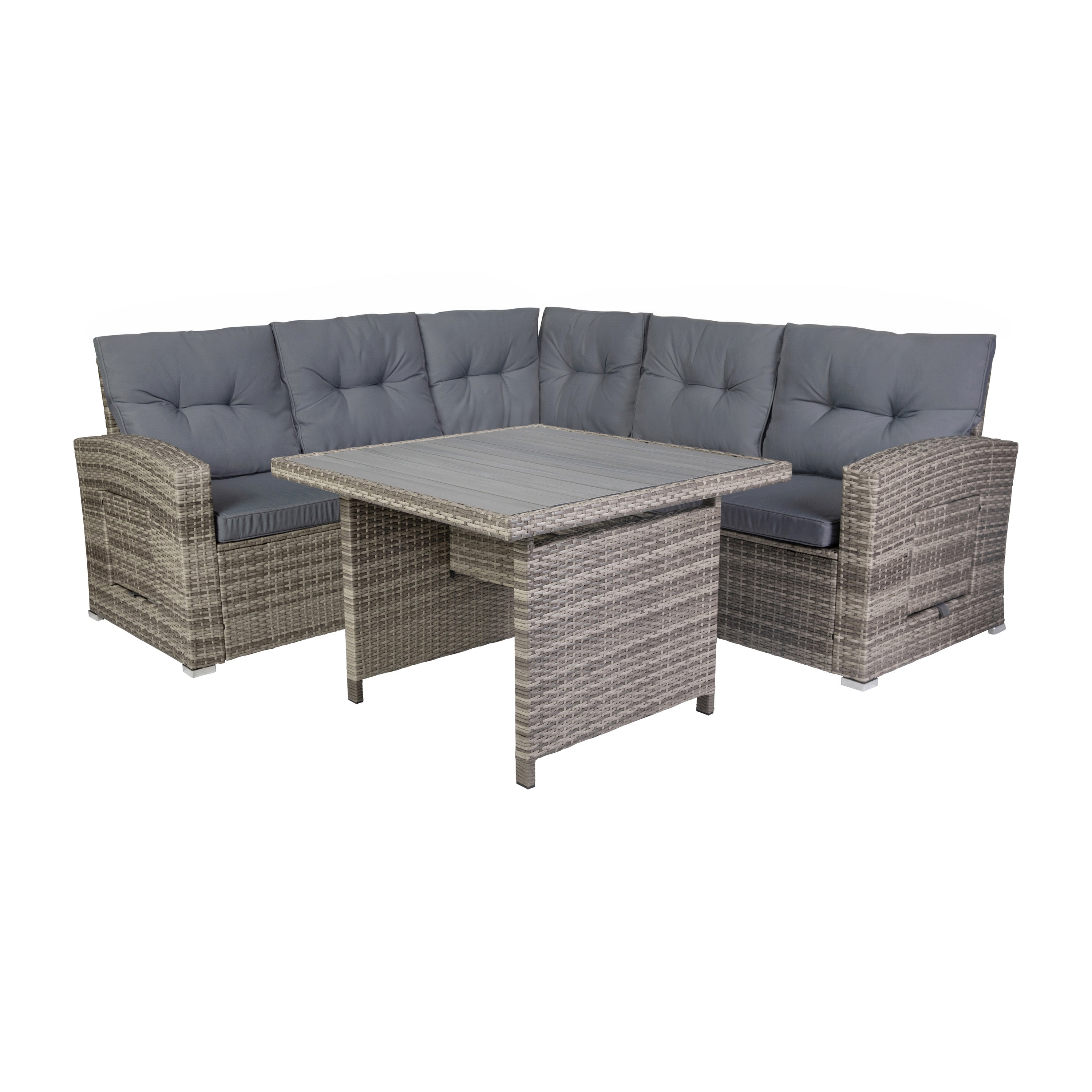 Huck Indoor/Outdoor Wicker Rattan Conversation Set, L-Shaped Sofa with Dining Table, Weather Resistant Cushions, Gray
