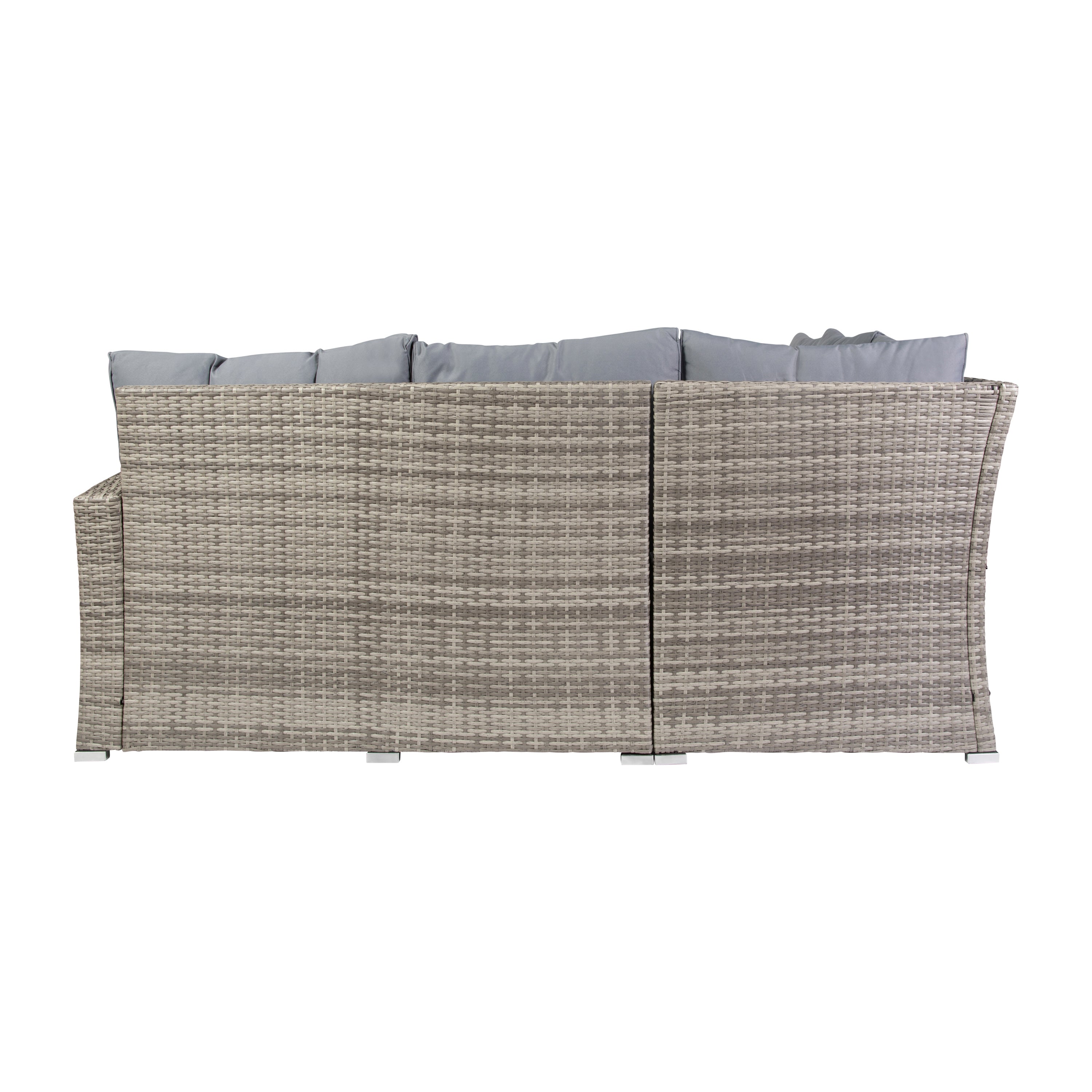Huck Indoor/Outdoor Wicker Rattan Conversation Set, L-Shaped Sofa with Dining Table, Weather Resistant Cushions, Gray
