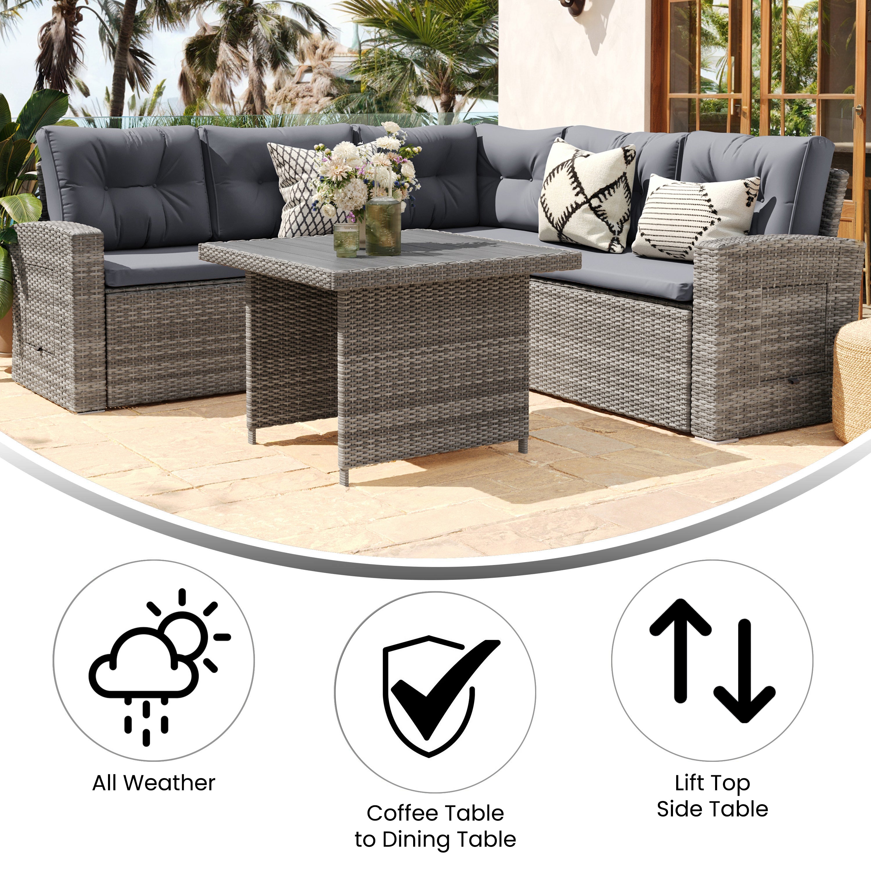 Huck Indoor/Outdoor Wicker Rattan Conversation Set, L-Shaped Sofa with Dining Table, Weather Resistant Cushions, Gray
