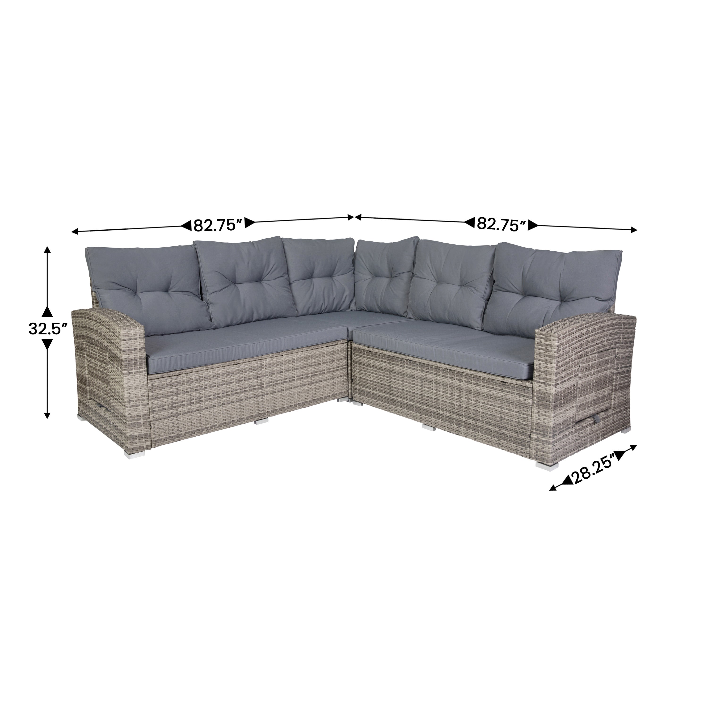 Huck Indoor/Outdoor Wicker Rattan Conversation Set, L-Shaped Sofa with Dining Table, Weather Resistant Cushions, Gray