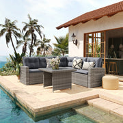 Huck Indoor/Outdoor Wicker Rattan Conversation Set, L-Shaped Sofa with Dining Table, Weather Resistant Cushions, Gray
