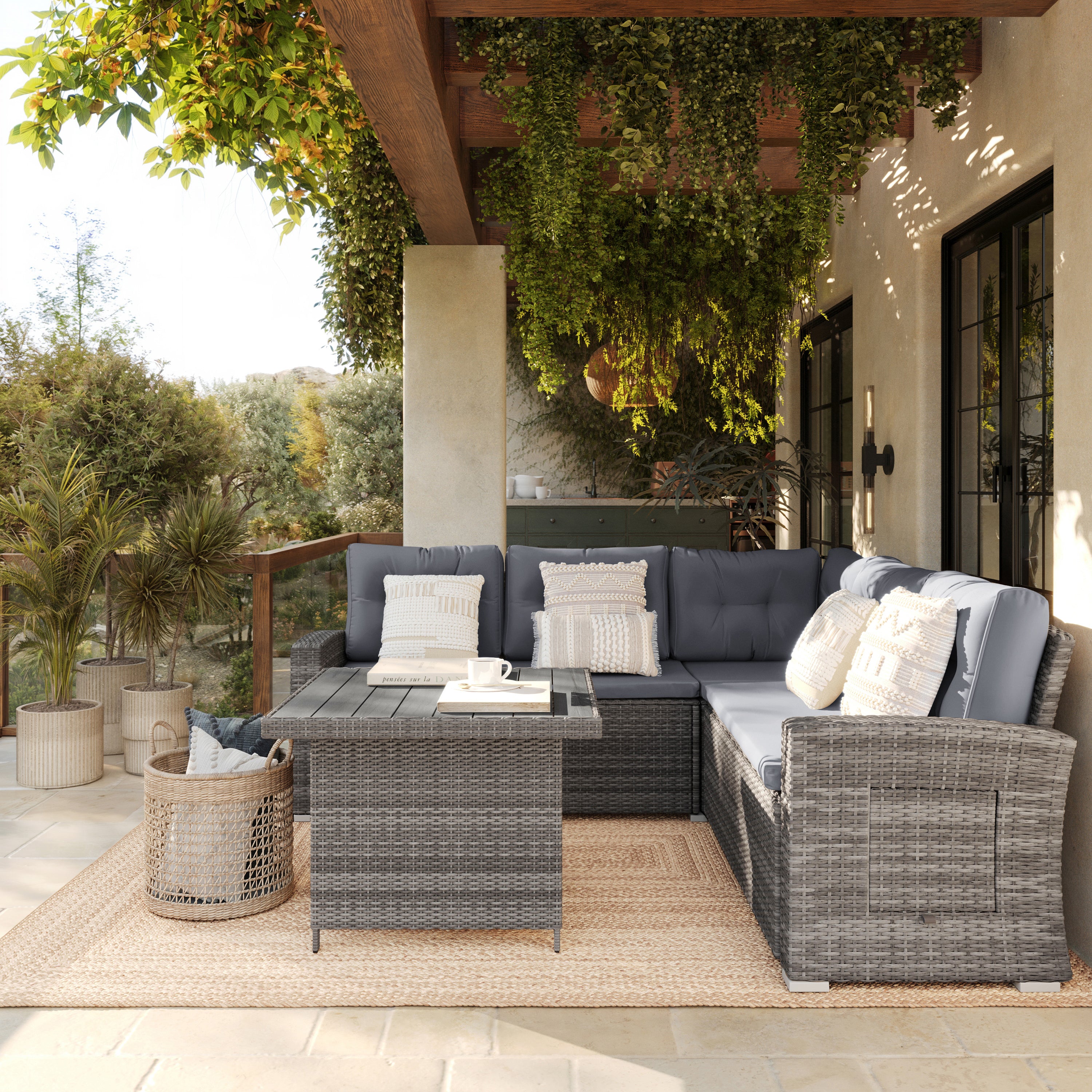 Huck Indoor/Outdoor Wicker Rattan Conversation Set, L-Shaped Sofa with Dining Table, Weather Resistant Cushions, Gray