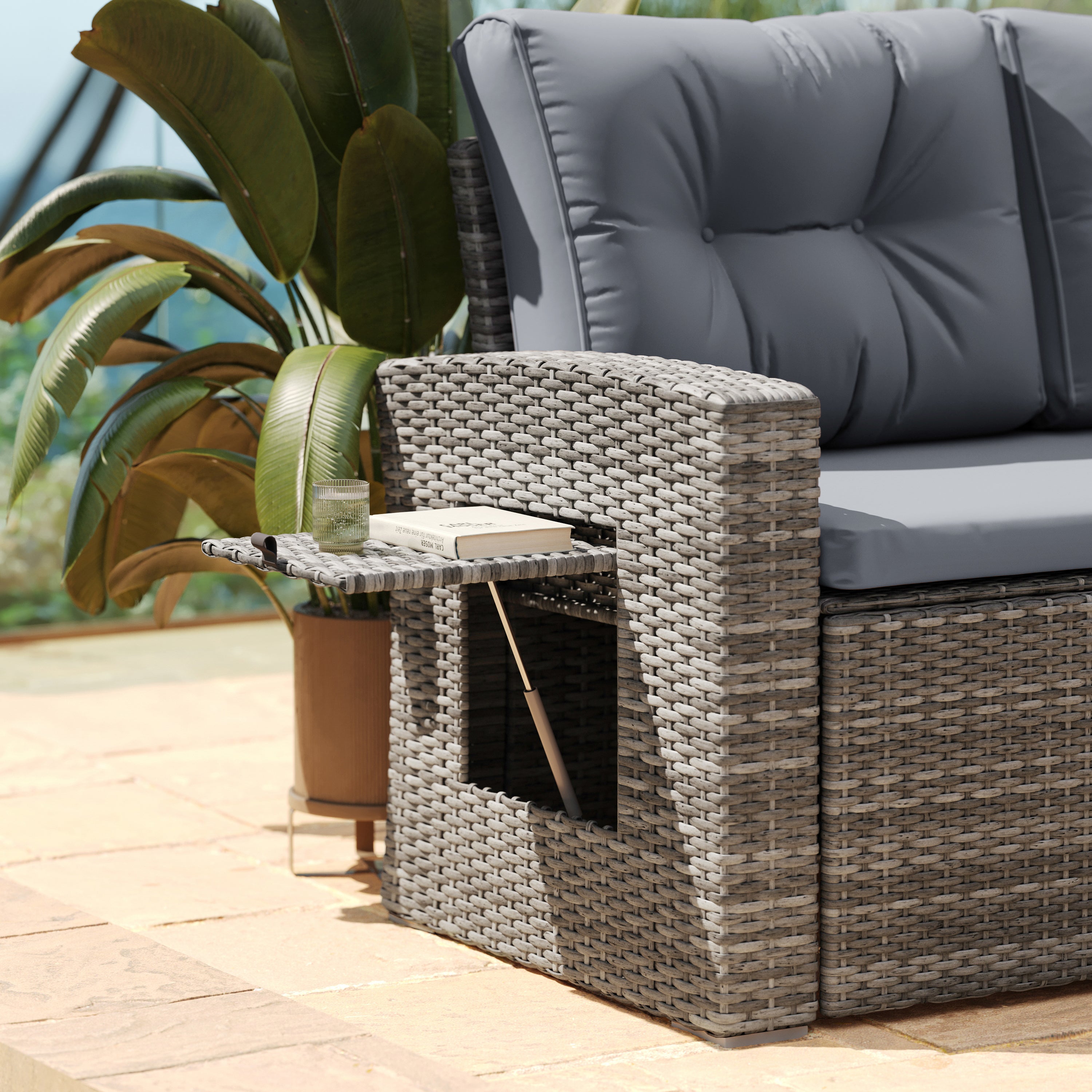 Huck Indoor/Outdoor Wicker Rattan Conversation Set, L-Shaped Sofa with Dining Table, Weather Resistant Cushions, Gray