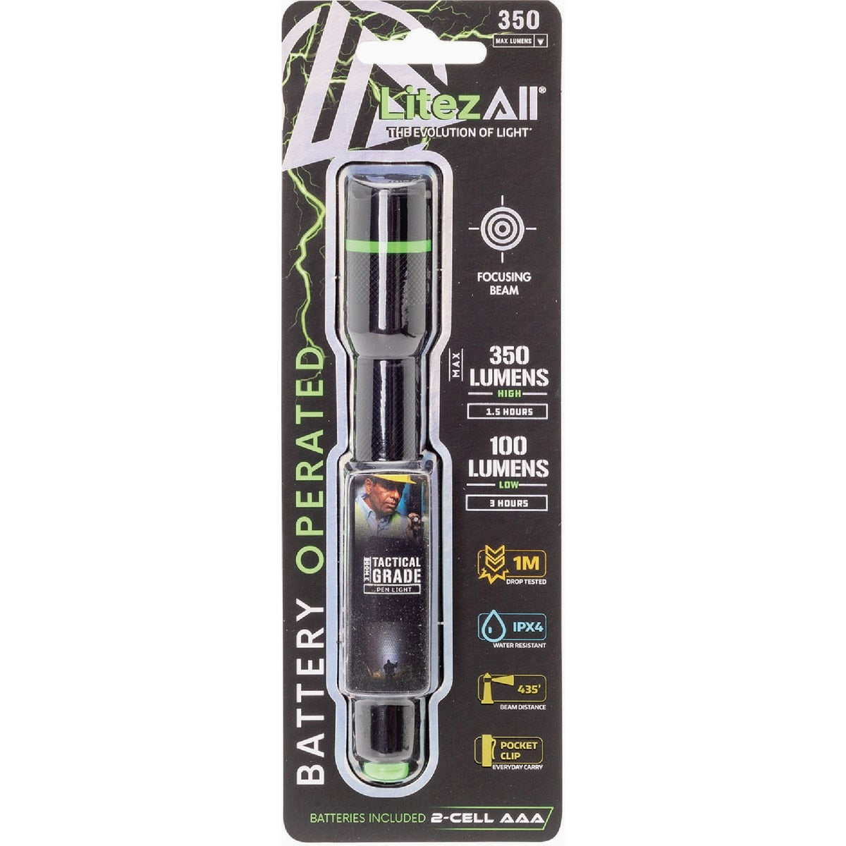 Pen Light, LED, 350 Lumens, 2 AAA Battery, Button Switch