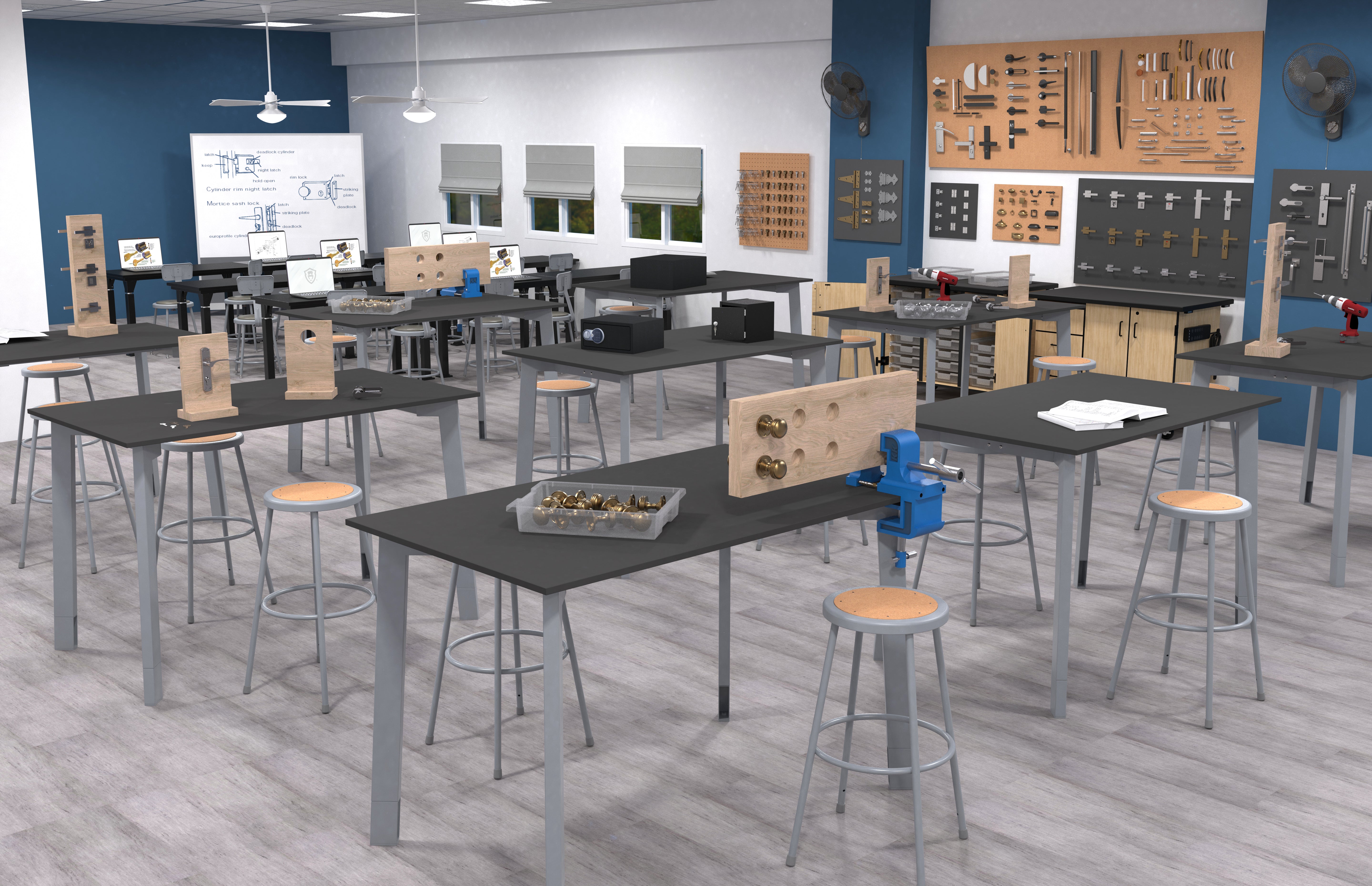NPS® Mobile Science Cabinet with External Drawers & Pegboard, Chem-Res Top, Surface Color: Black, Cabinet Color: Oak