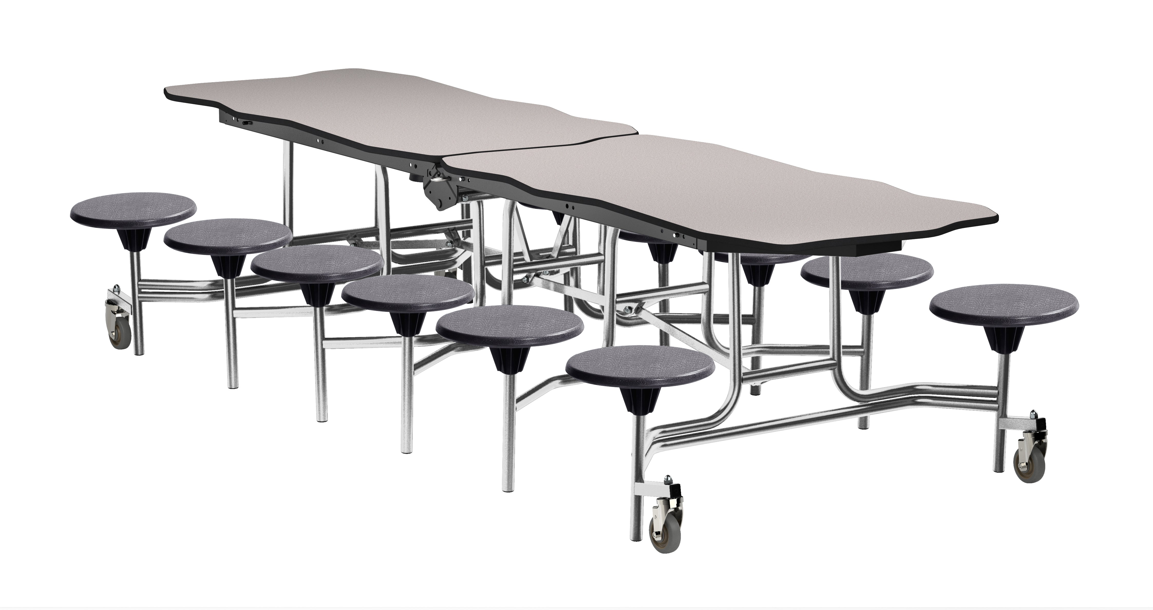 NPS® Mobile Cafeteria Table w/ Stools, 10' Bedrock, Particleboard Core, Edge Type: Vinyl T-Mold, Frame Type:  Chrome (Specify Laminate Tabletop/Seat Color and Height)
