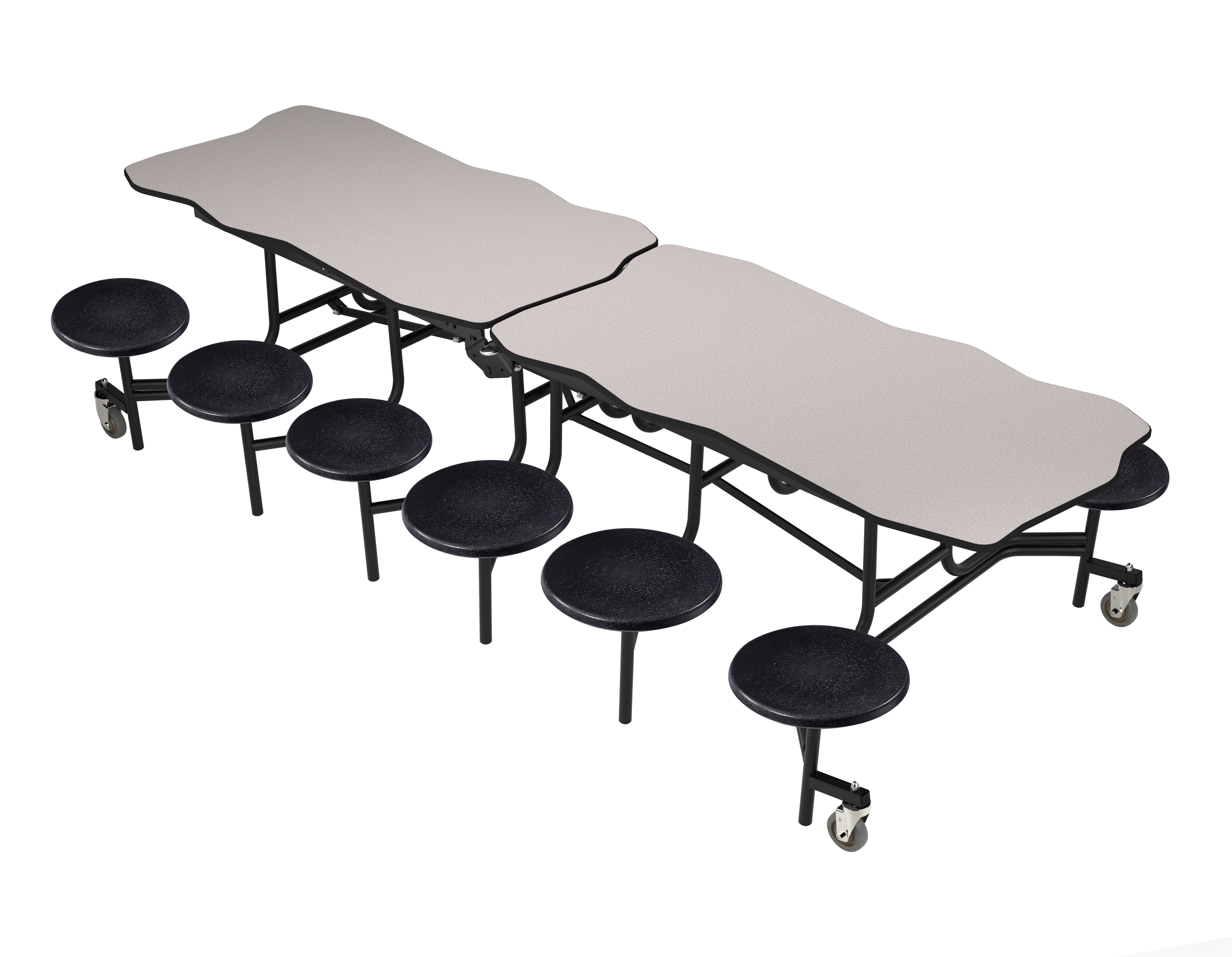 NPS® Mobile Cafeteria Table w/ Stools, 10' Bedrock, MDF Core, Edge Type: ProtectEdge, Frame Type: Textured Black (Specify Laminate Tabletop/Seat Color and Height)