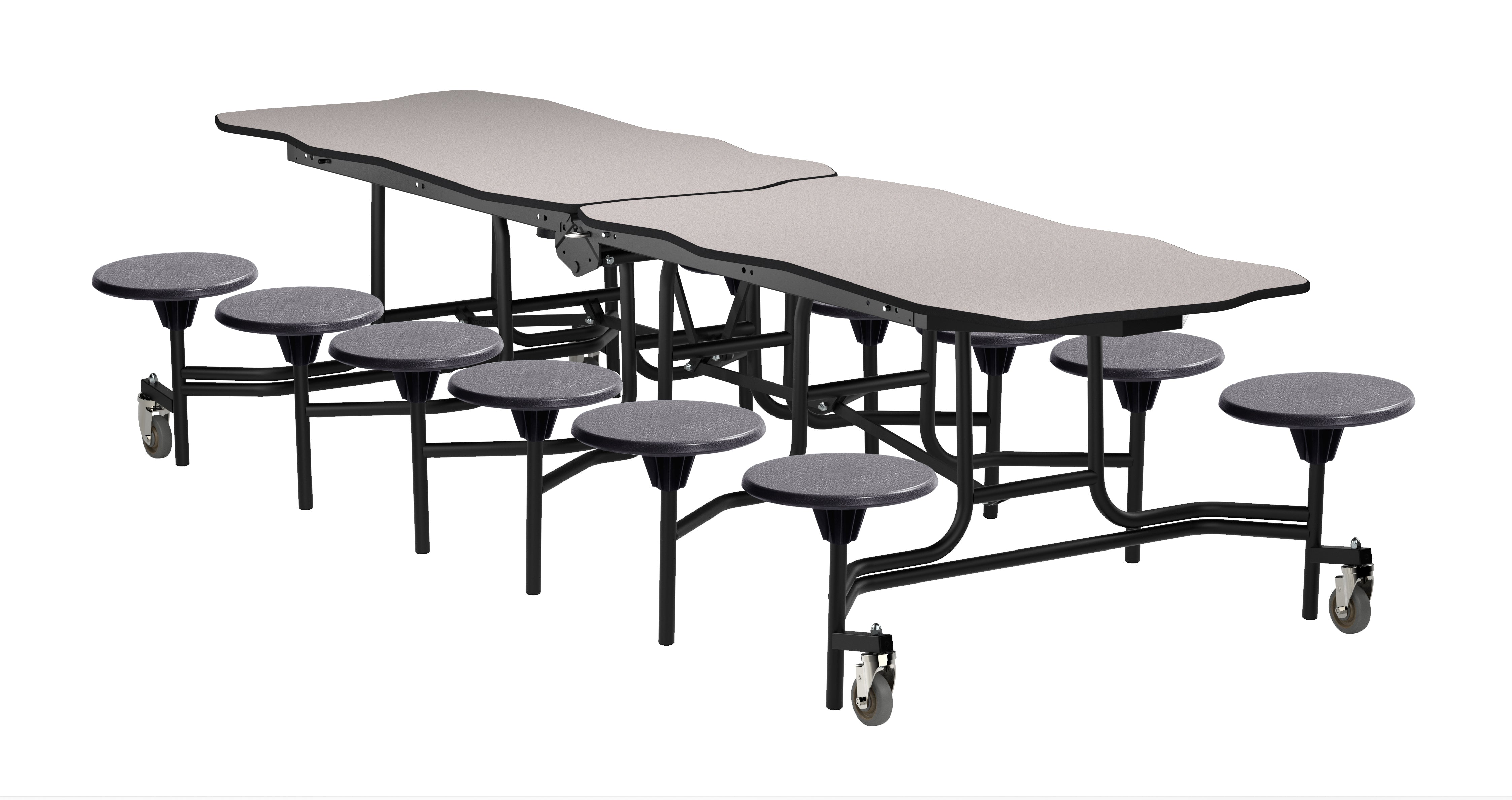 NPS® Mobile Cafeteria Table w/ Stools, 10' Bedrock, Plywood Core, Edge Type: ProtectEdge, Frame Type: Textured Black (Specify Laminate Tabletop/Seat Color and Height)