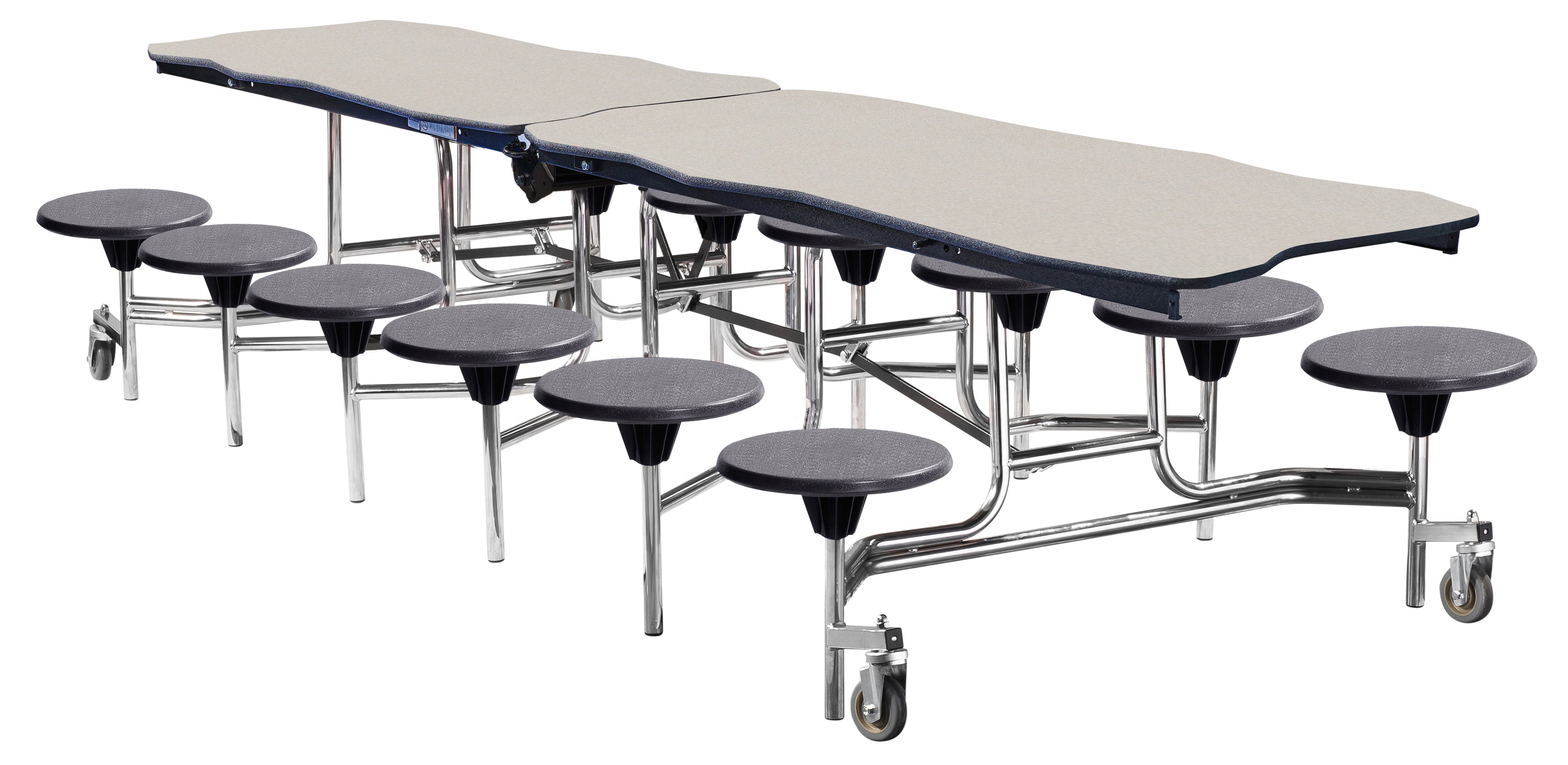 NPS® Mobile Cafeteria Table w/ Stools, 12' Bedrock, MDF Core, Edge Type: ProtectEdge, Frame Type:  Chrome (Specify Laminate Tabletop/Seat Color and Height)
