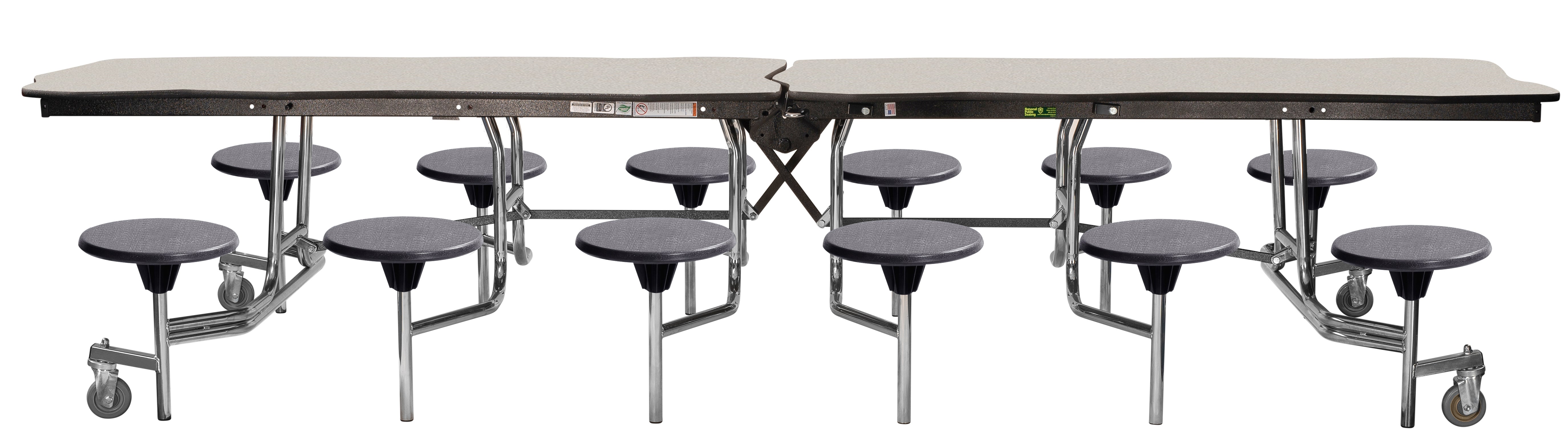 NPS® Mobile Cafeteria Table w/ Stools, 12' Bedrock, Plywood Core, Edge Type: Vinyl T-Mold, Frame Type:  Chrome (Specify Laminate Tabletop/Seat Color and Height)