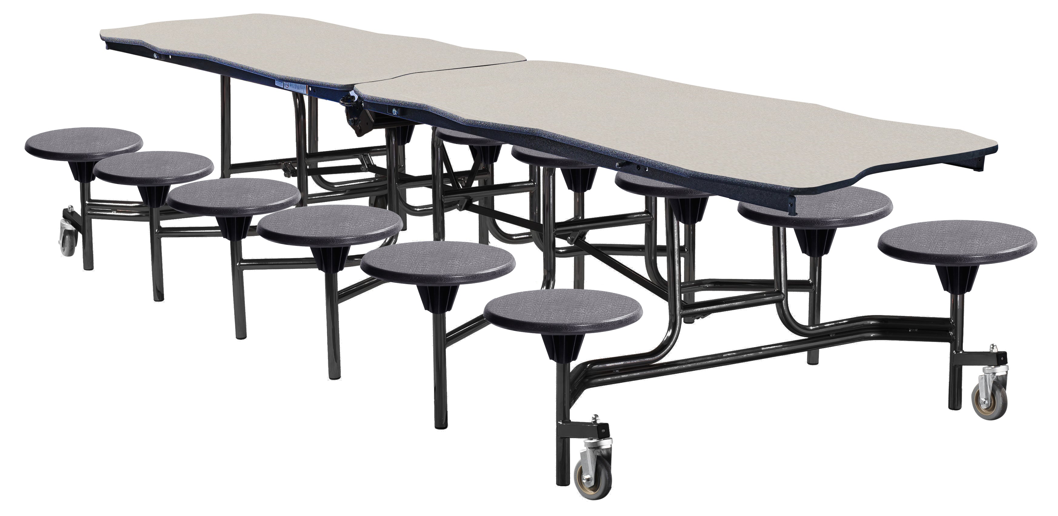 NPS® Mobile Cafeteria Table w/ Stools, 12' Bedrock, MDF Core, Edge Type: ProtectEdge, Frame Type: Textured Black (Specify Laminate Tabletop/Seat Color and Height)
