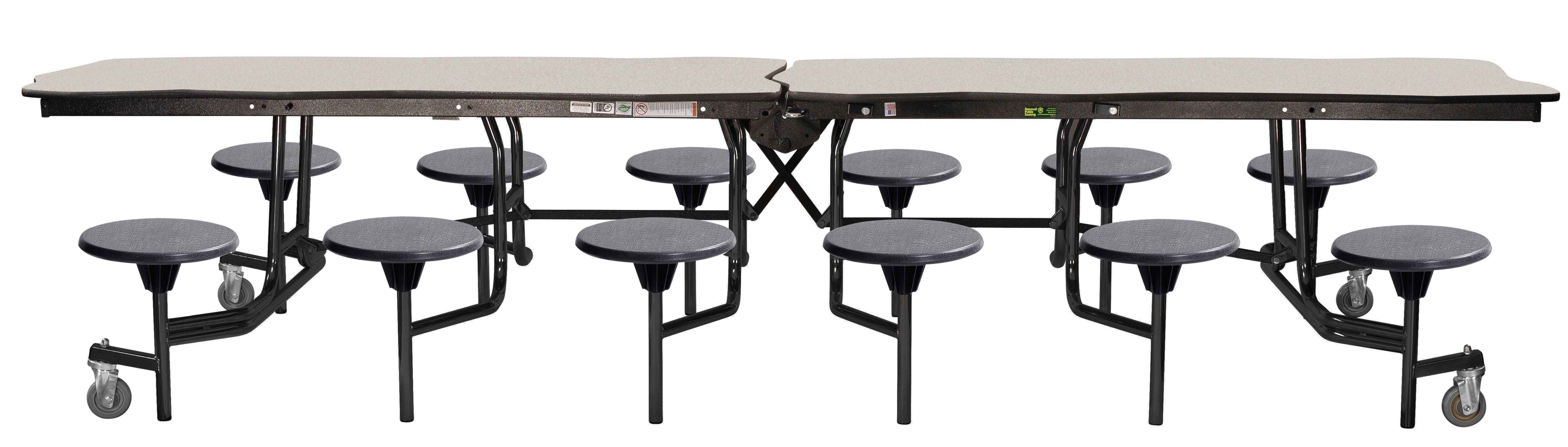 NPS® Mobile Cafeteria Table w/ Stools, 12' Bedrock, MDF Core, Edge Type: ProtectEdge, Frame Type: Textured Black (Specify Laminate Tabletop/Seat Color and Height)
