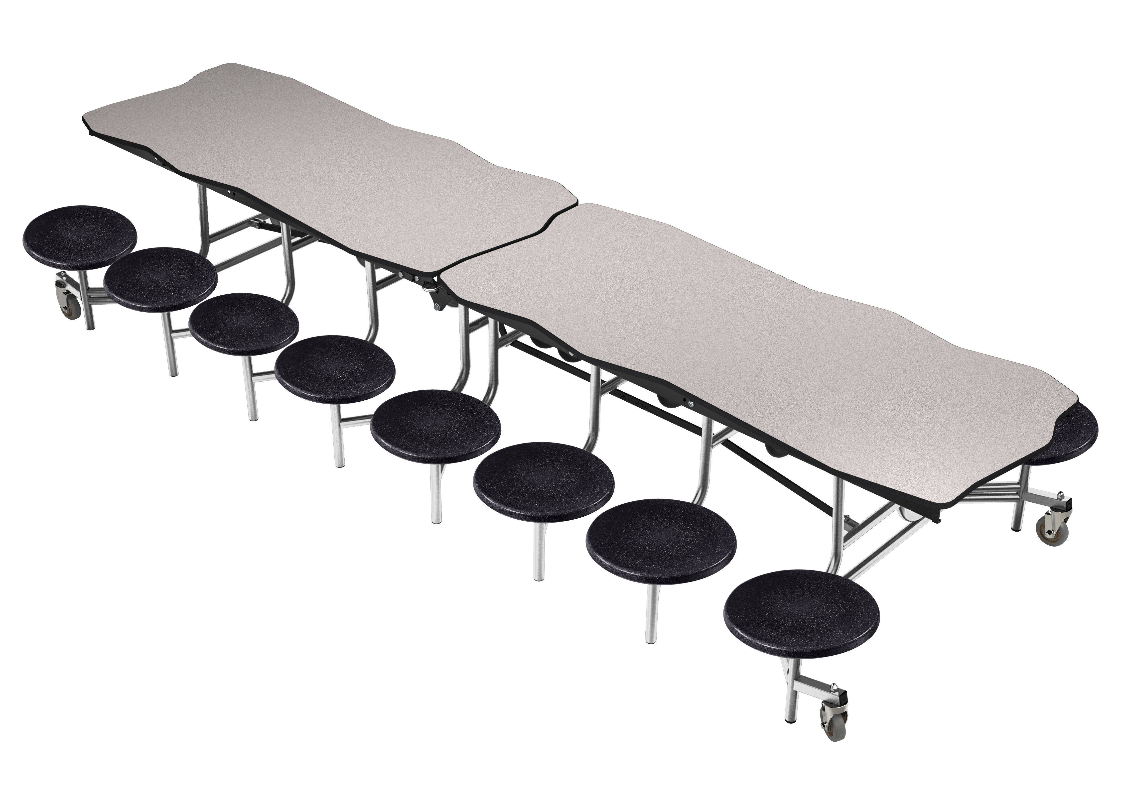 NPS® Mobile Cafeteria Table w/ 16 Stools, 12' Bedrock, Particleboard Core, Edge Type: Vinyl T-Mold, Frame Type:  Chrome (Specify Laminate Tabletop/Seat Color and Height)