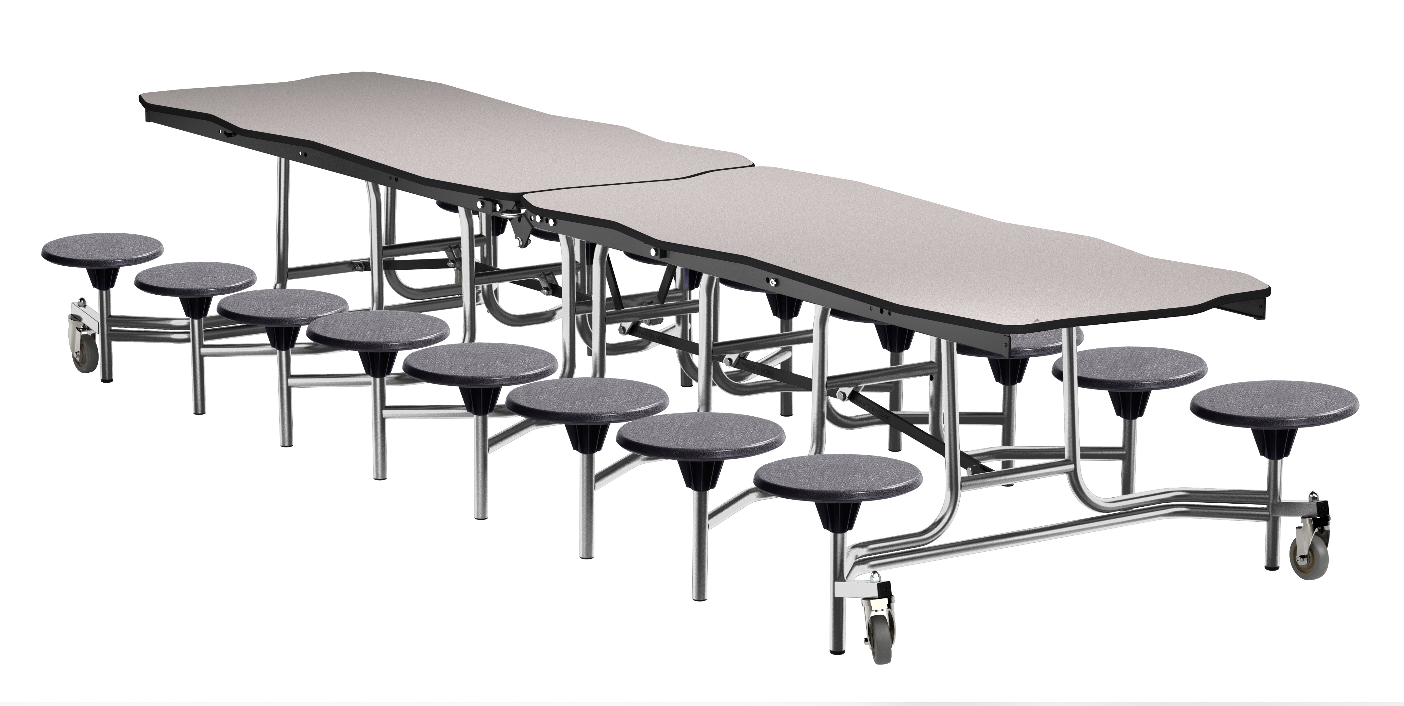 NPS® Mobile Cafeteria Table w/ 16 Stools, 12' Bedrock, Particleboard Core, Edge Type: Vinyl T-Mold, Frame Type:  Chrome (Specify Laminate Tabletop/Seat Color and Height)