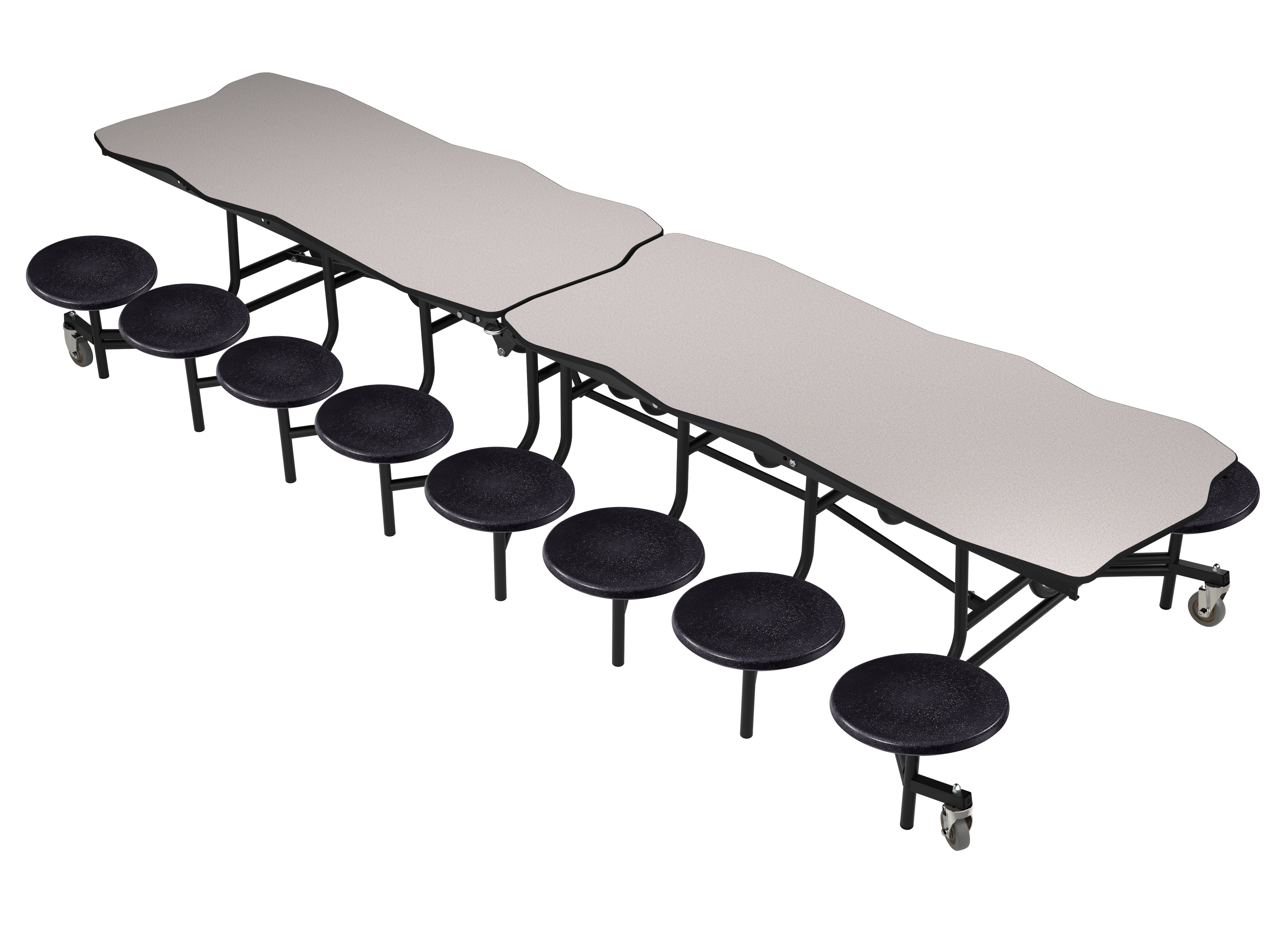 NPS® Mobile Cafeteria Table w/ 16 Stools, 12' Bedrock, Plywood Core, Edge Type: Edge Banding, Frame Type: Textured Black (Specify Laminate Tabletop/Seat Color and Height)