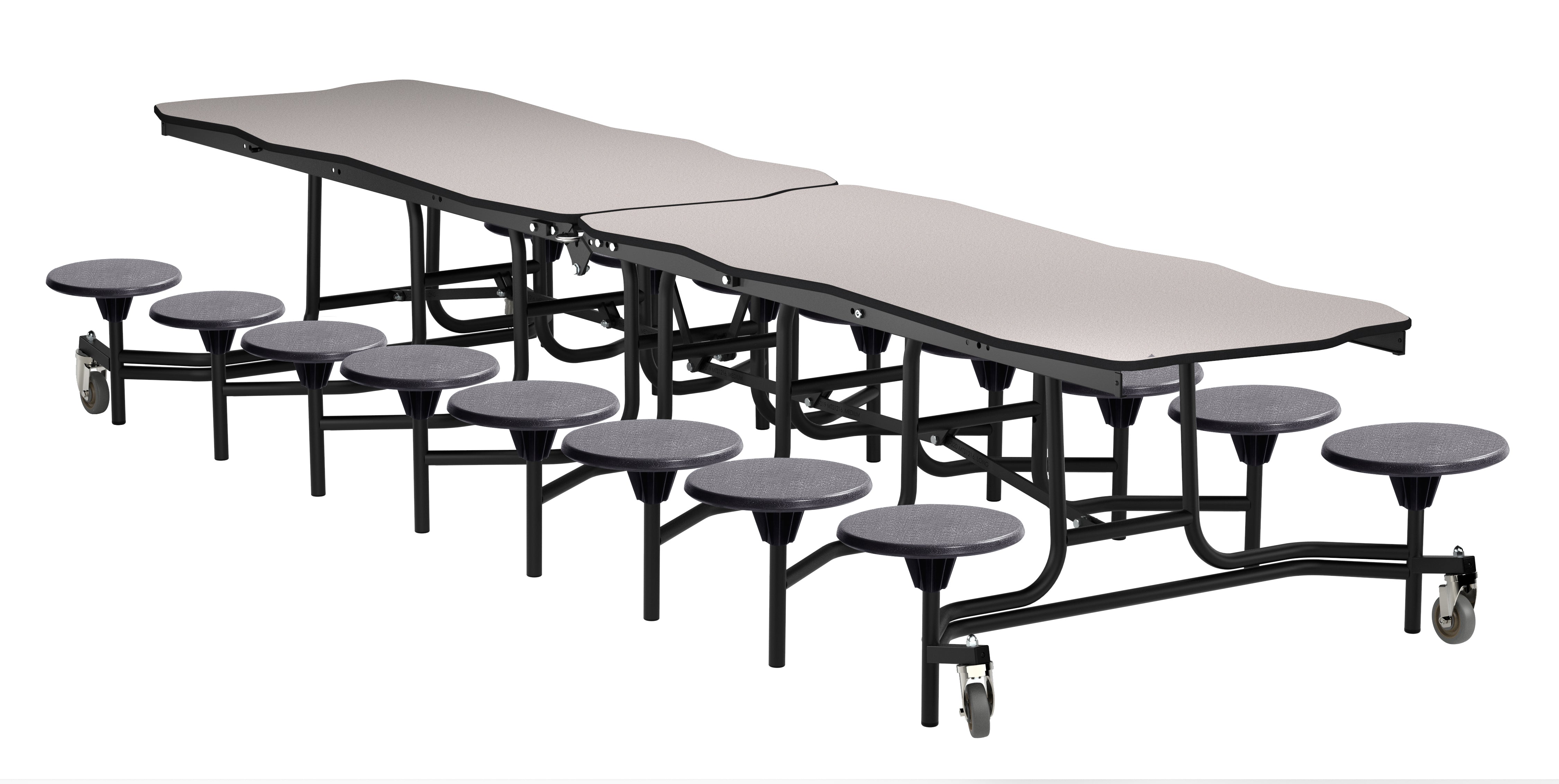 NPS® Mobile Cafeteria Table w/ 16 Stools, 12' Bedrock, Plywood Core, Edge Type: Edge Banding, Frame Type: Textured Black (Specify Laminate Tabletop/Seat Color and Height)