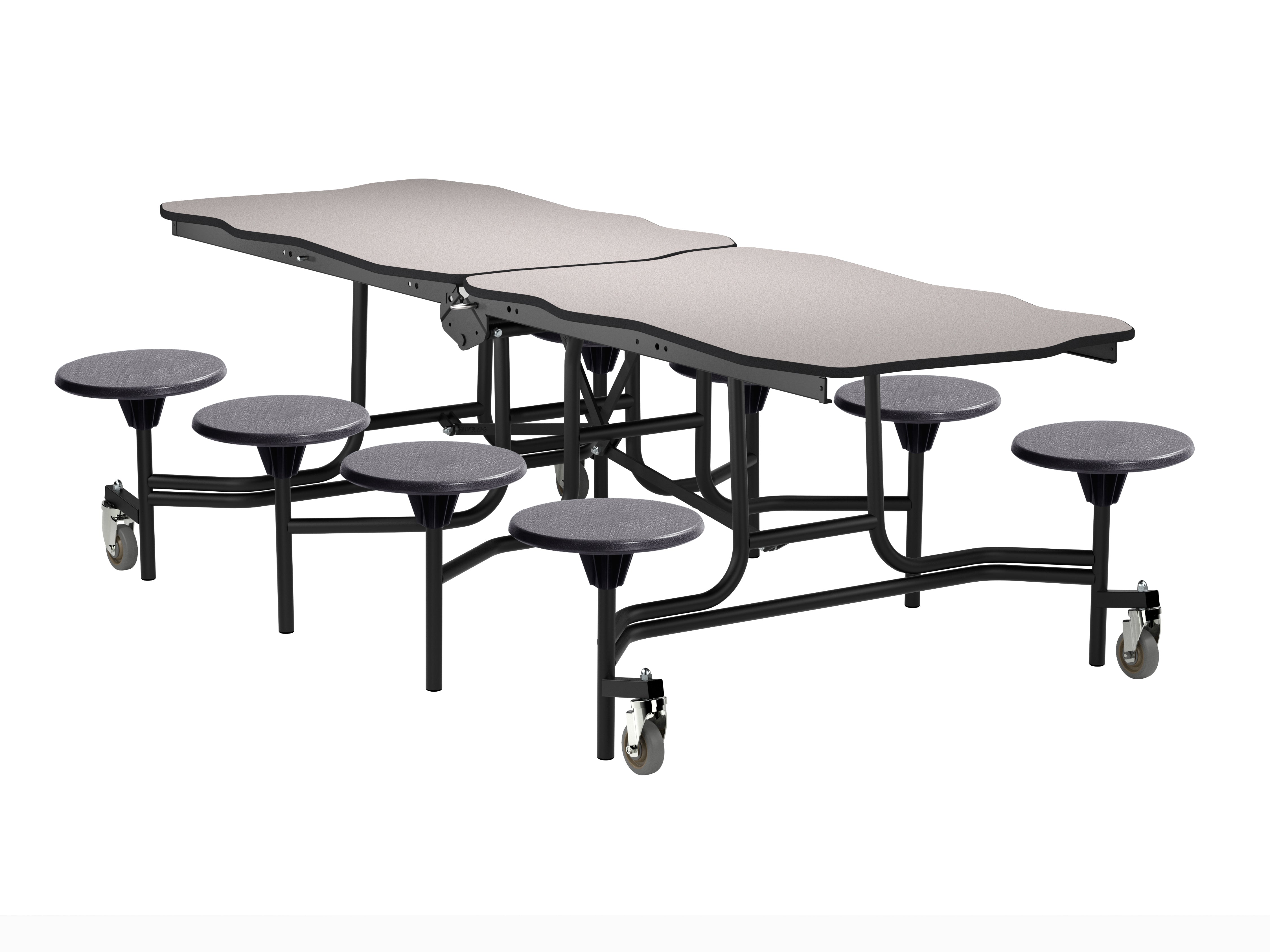 NPS® Mobile Cafeteria Table w/ Stools, 8' Bedrock, Particleboard Core, Edge Type: Vinyl T-Mold, Frame Type: Textured Black (Specify Laminate Tabletop/Seat Color and Height)