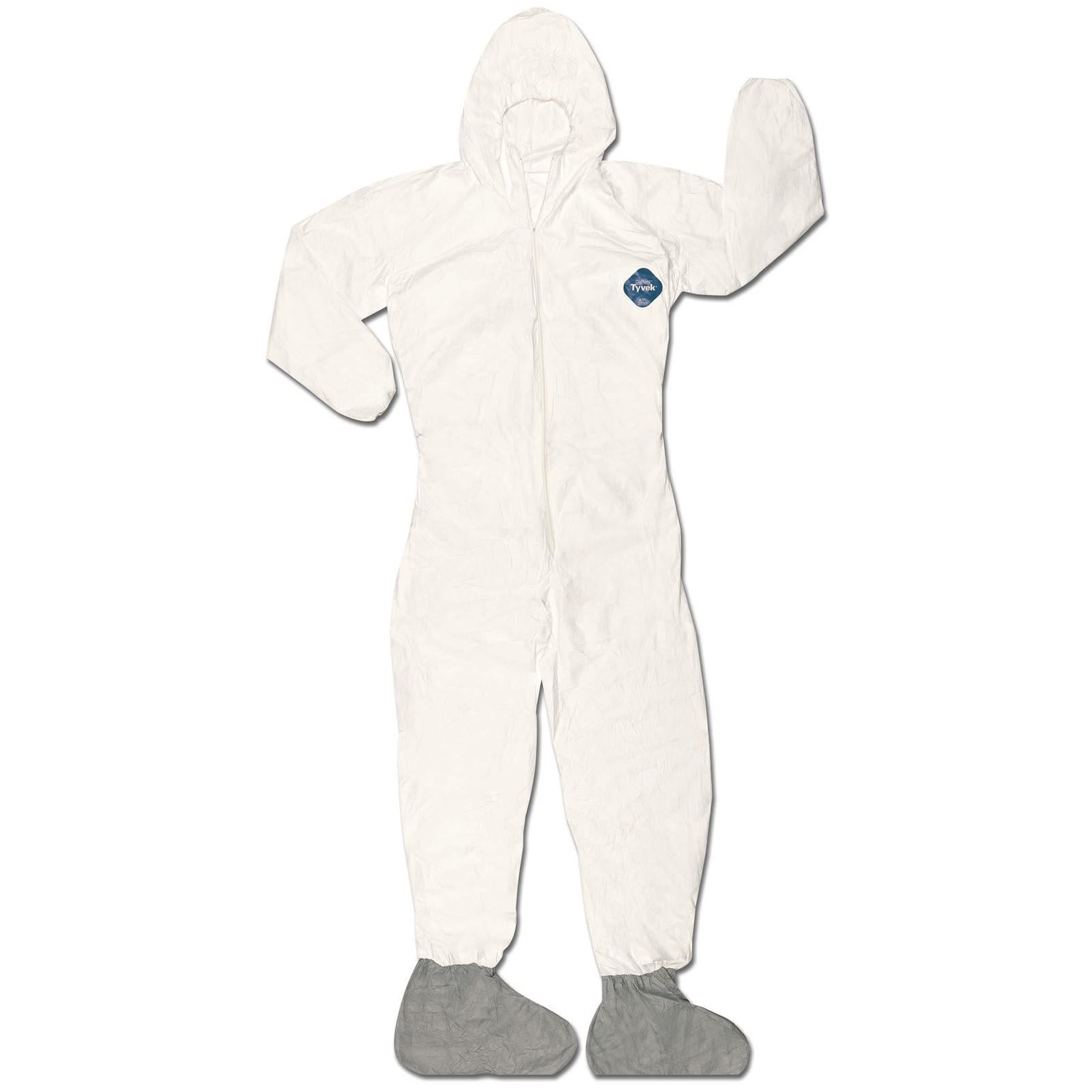 Tyvek Coverall, zipper front, elastic sleeves/ankles, att hood, skid-resistant boots