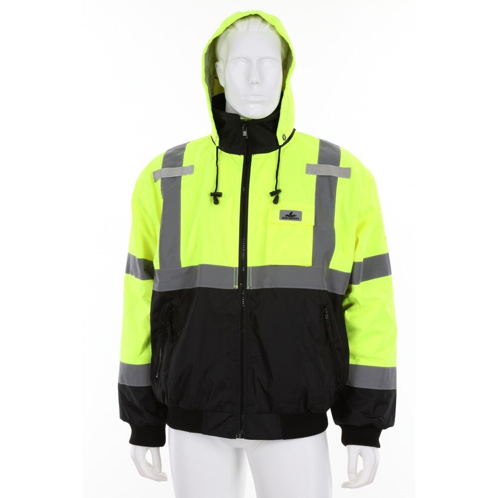 MCR Safety VBBCL3L - Luminator  Hi-Viz Value Bomber Jacket, Class 3, Insulated rain jacket, Fluorescent lime/black, 2" silver reflective stripes, Zipper Front, Multiple Pockets, Size: Medium