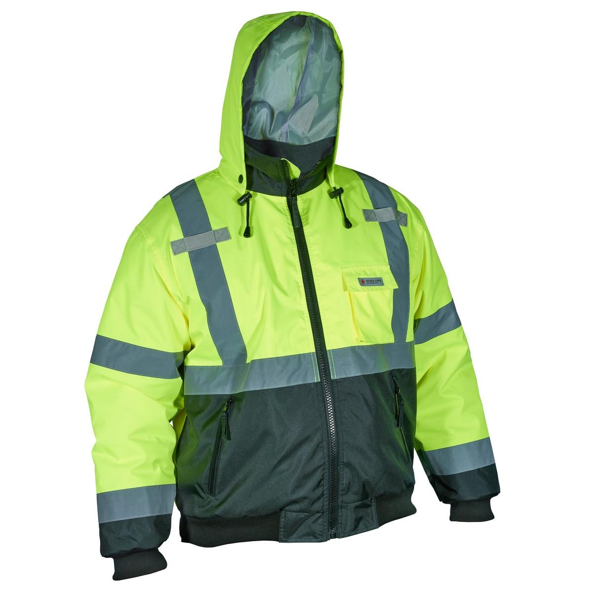 MCR Safety VBBCL3L - Luminator  Hi-Viz Value Bomber Jacket, Class 3, Insulated rain jacket, Fluorescent lime/black, 2" silver reflective stripes, Zipper Front, Multiple Pockets, Size: 3X-Large