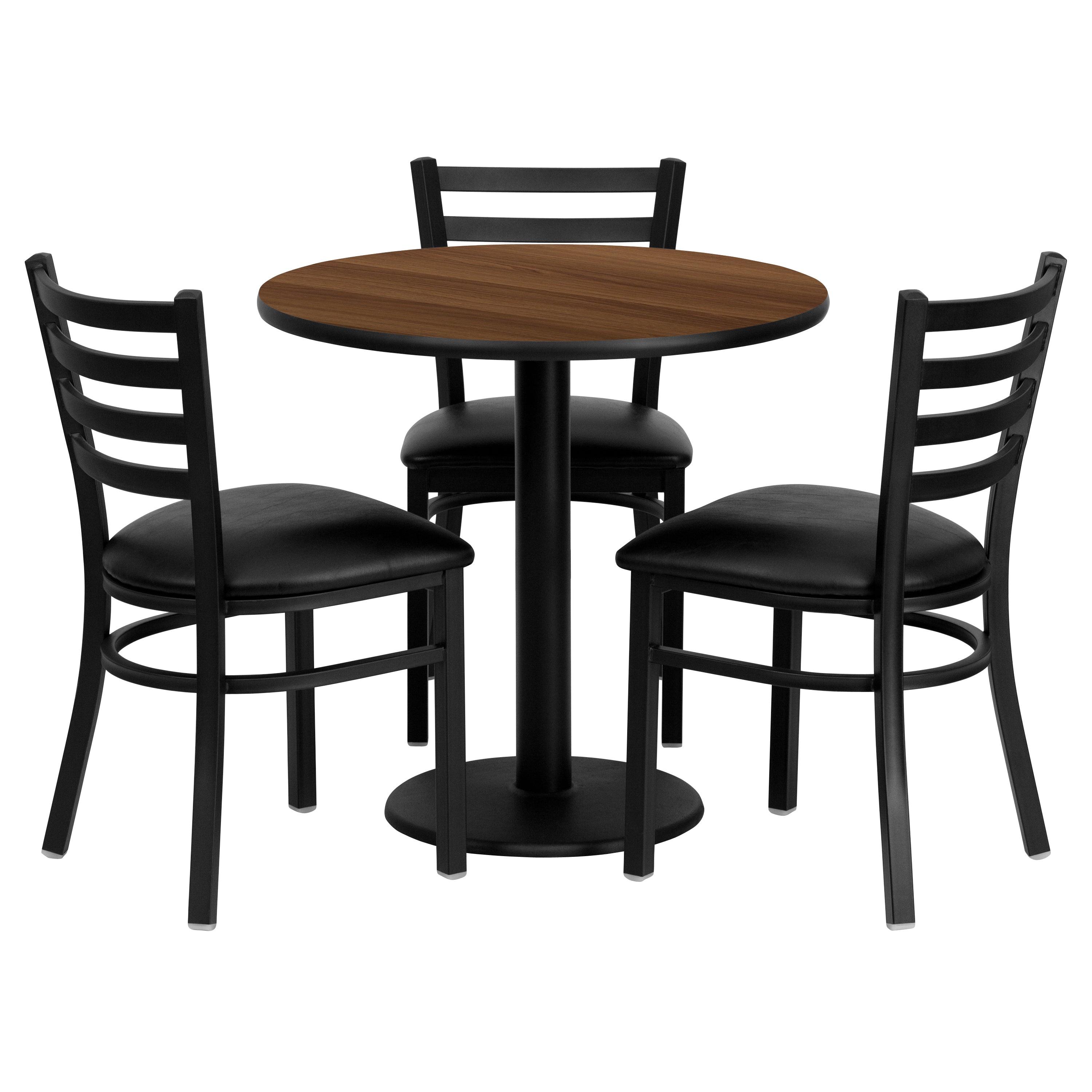 Clark 30'' Round Walnut Laminate Table Set with 3 Ladder Back Metal Chairs - Black Vinyl Seat