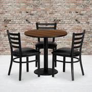 Clark 30'' Round Walnut Laminate Table Set with 3 Ladder Back Metal Chairs - Black Vinyl Seat