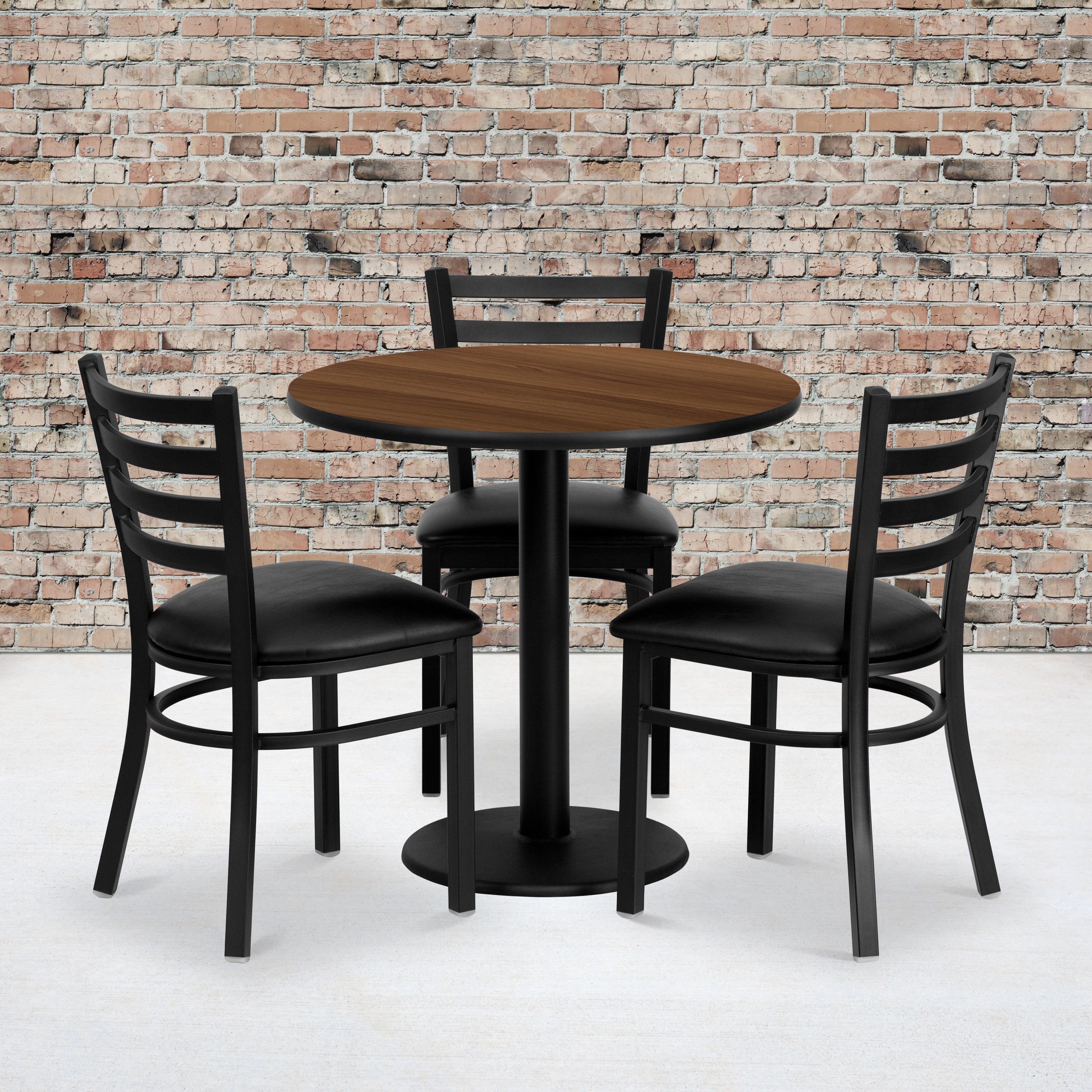 Clark 30'' Round Walnut Laminate Table Set with 3 Ladder Back Metal Chairs - Black Vinyl Seat