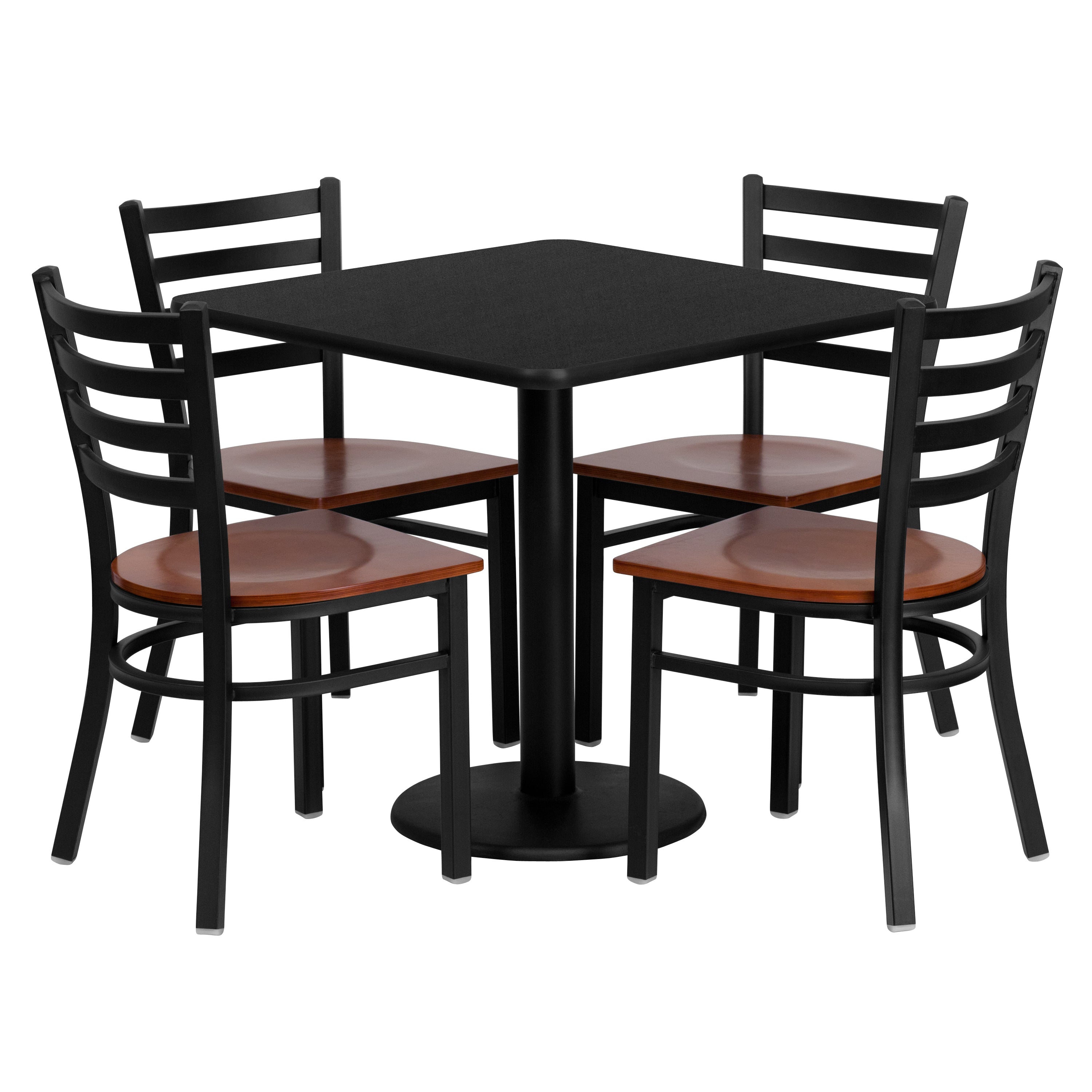 Clark 30'' Square Black Laminate Table Set with 4 Ladder Back Metal Chairs - Cherry Wood Seat