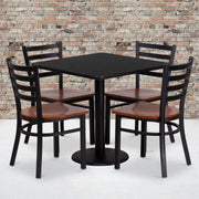 Clark 30'' Square Black Laminate Table Set with 4 Ladder Back Metal Chairs - Cherry Wood Seat