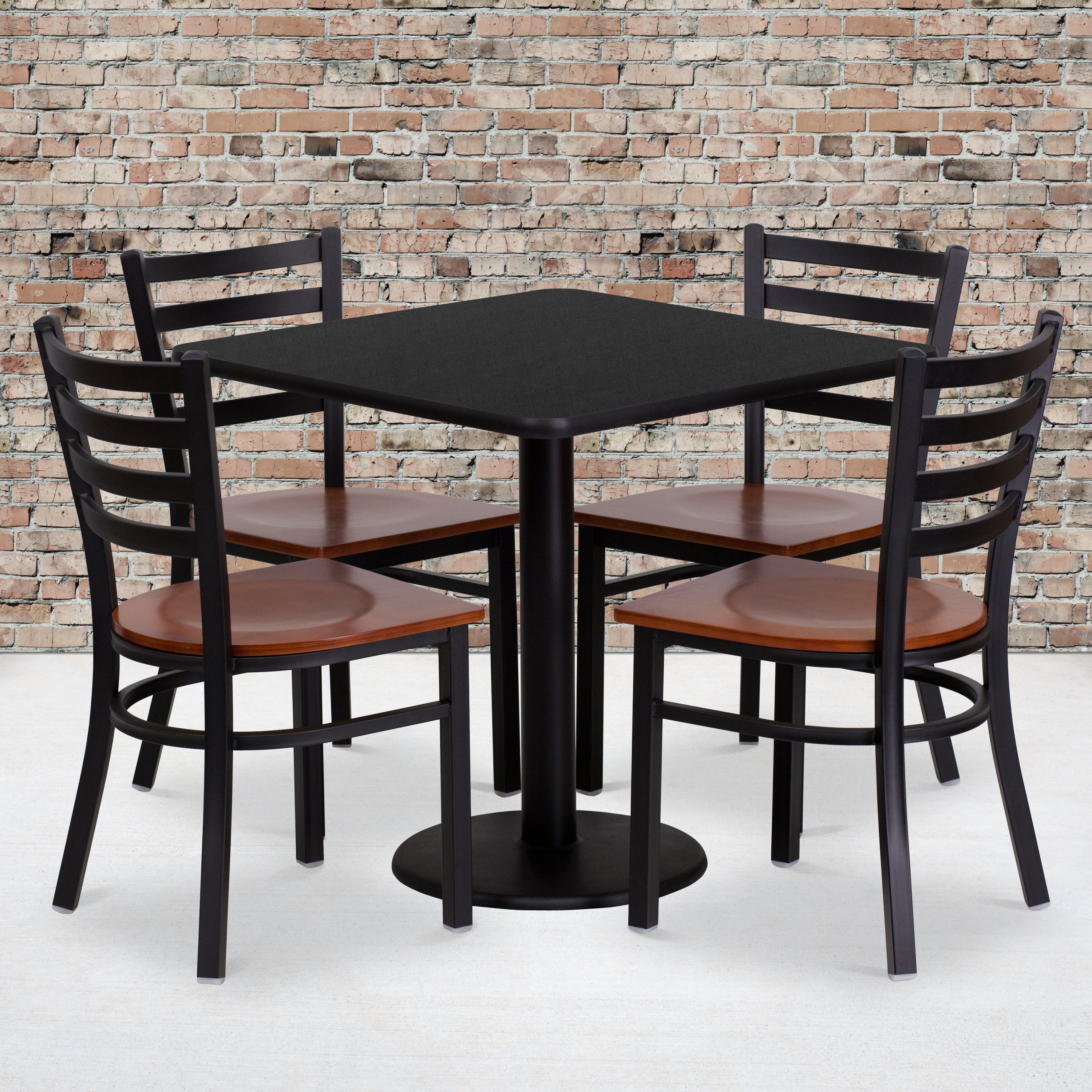 Clark 30'' Square Black Laminate Table Set with 4 Ladder Back Metal Chairs - Cherry Wood Seat