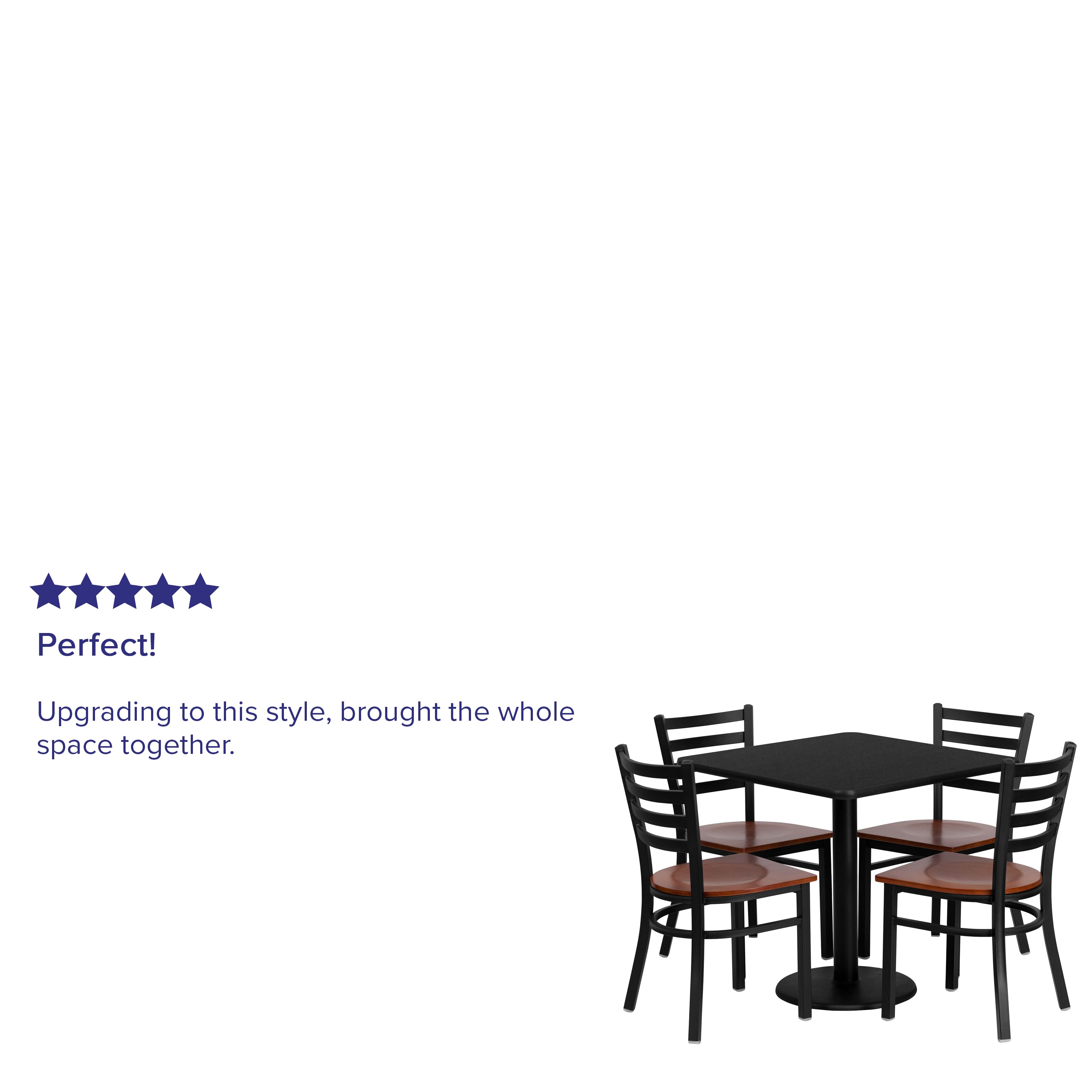 Clark 30'' Square Black Laminate Table Set with 4 Ladder Back Metal Chairs - Cherry Wood Seat