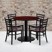 Clark 36'' Round Mahogany Laminate Table Set with 4 Ladder Back Metal Chairs - Mahogany Wood Seat
