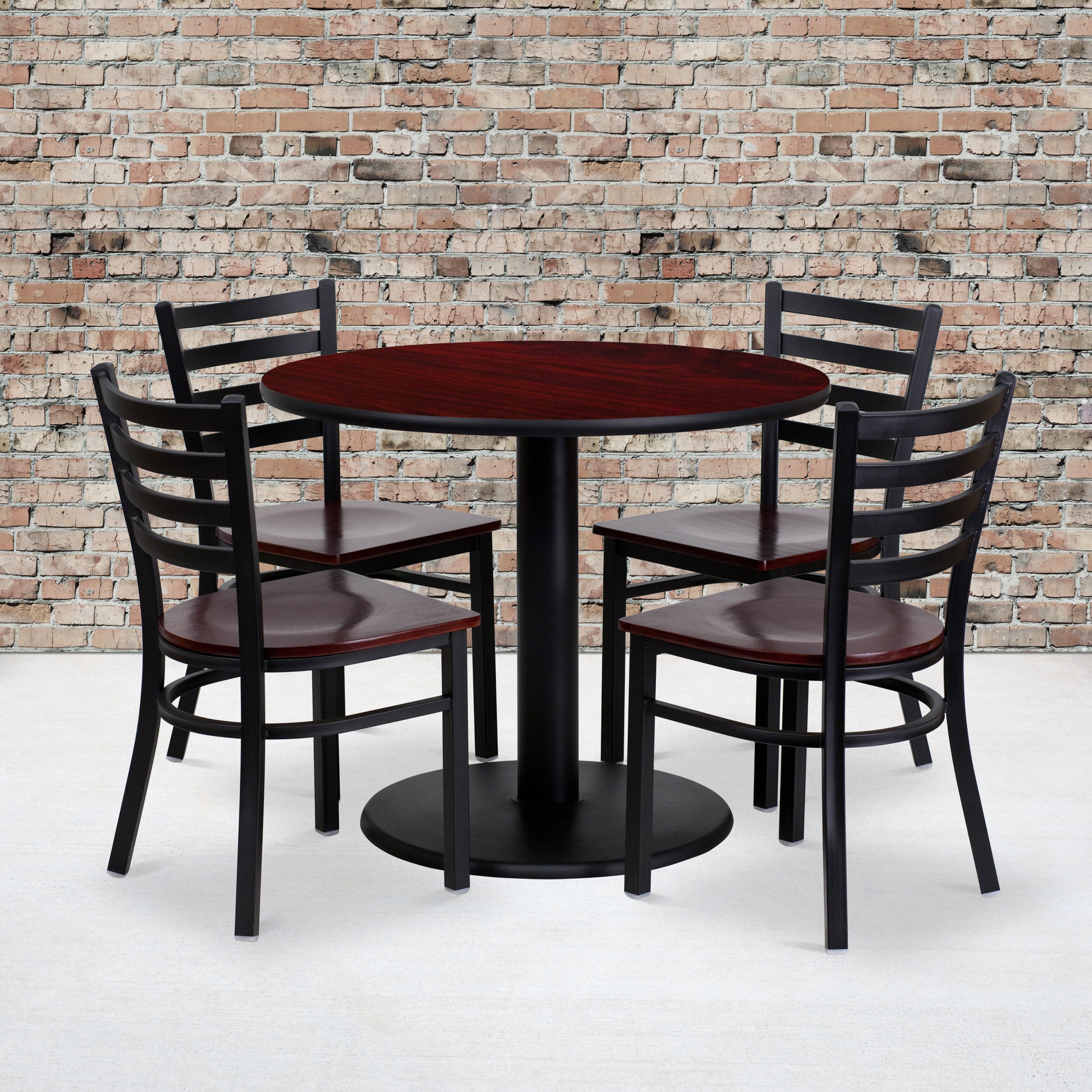 Clark 36'' Round Mahogany Laminate Table Set with 4 Ladder Back Metal Chairs - Mahogany Wood Seat