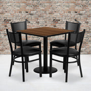 Clark 30'' Square Walnut Laminate Table Set with 4 Grid Back Metal Chairs - Black Vinyl Seat
