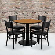 Clark 36'' Round Natural Laminate Table Set with 4 Grid Back Metal Chairs - Black Vinyl Seat