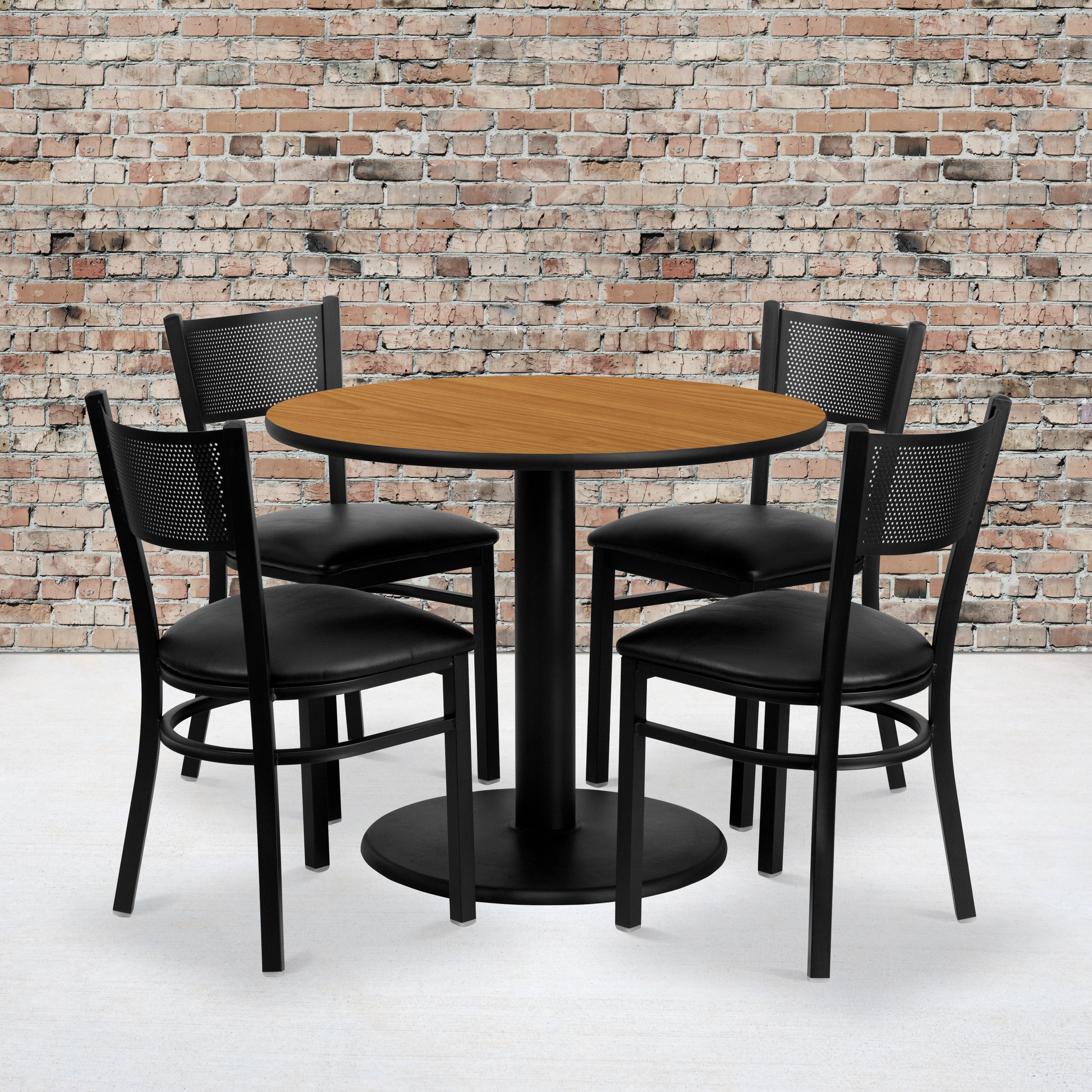 Clark 36'' Round Natural Laminate Table Set with 4 Grid Back Metal Chairs - Black Vinyl Seat