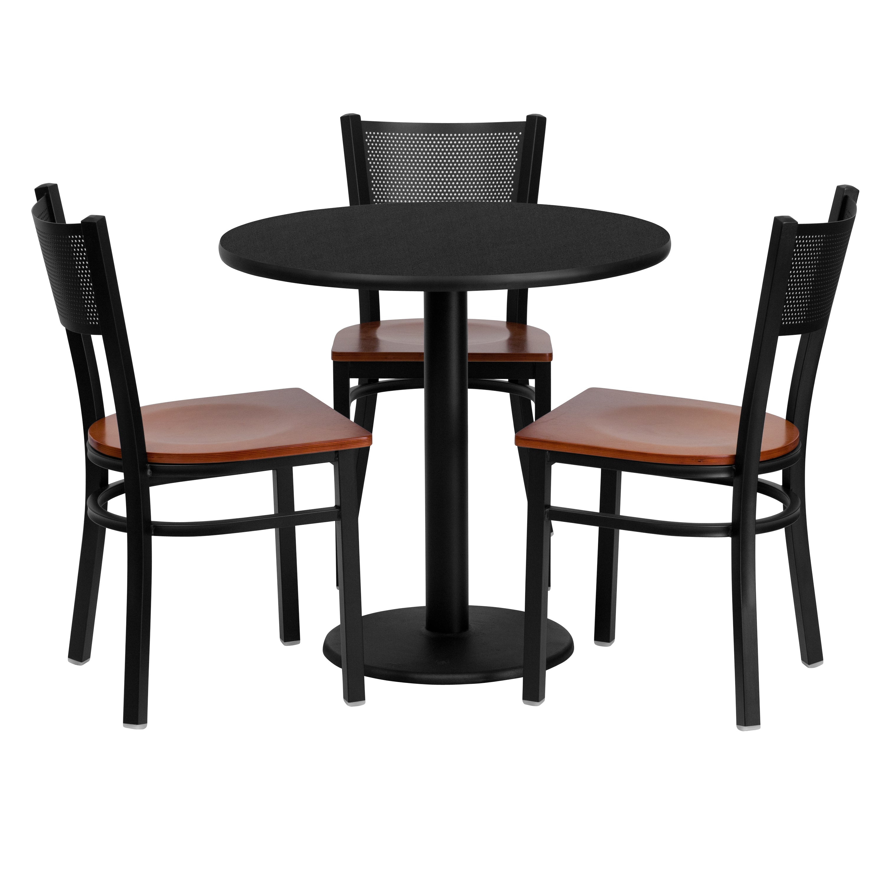 Clark 30'' Round Black Laminate Table Set with 3 Grid Back Metal Chairs - Cherry Wood Seat