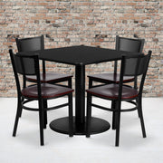 Clark 36'' Square Black Laminate Table Set with 4 Grid Back Metal Chairs - Mahogany Wood Seat