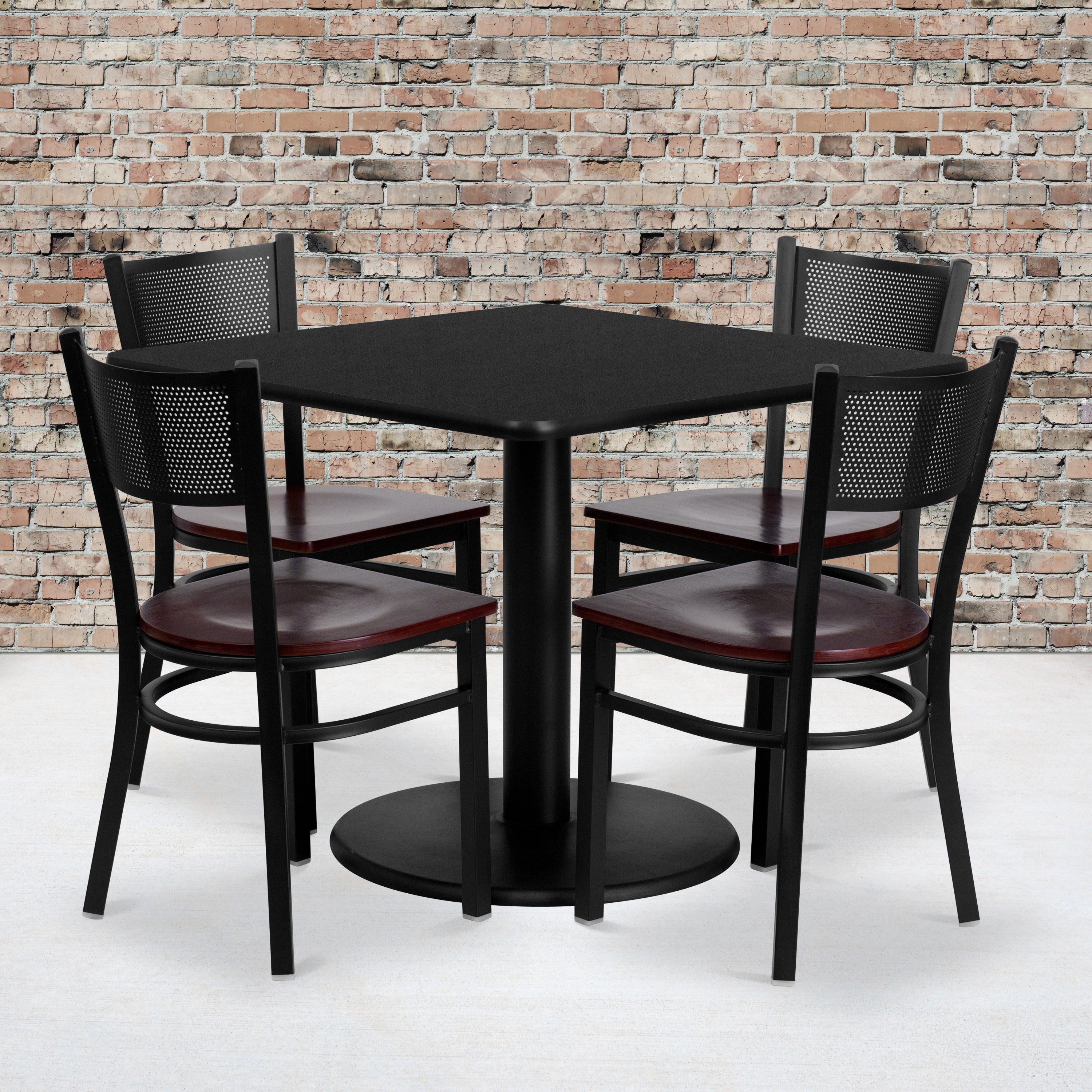 Clark 36'' Square Black Laminate Table Set with 4 Grid Back Metal Chairs - Mahogany Wood Seat