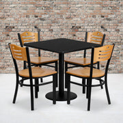 Clark 30'' Square Black Laminate Table Set with 4 Wood Slat Back Metal Chairs - Natural Wood Seat