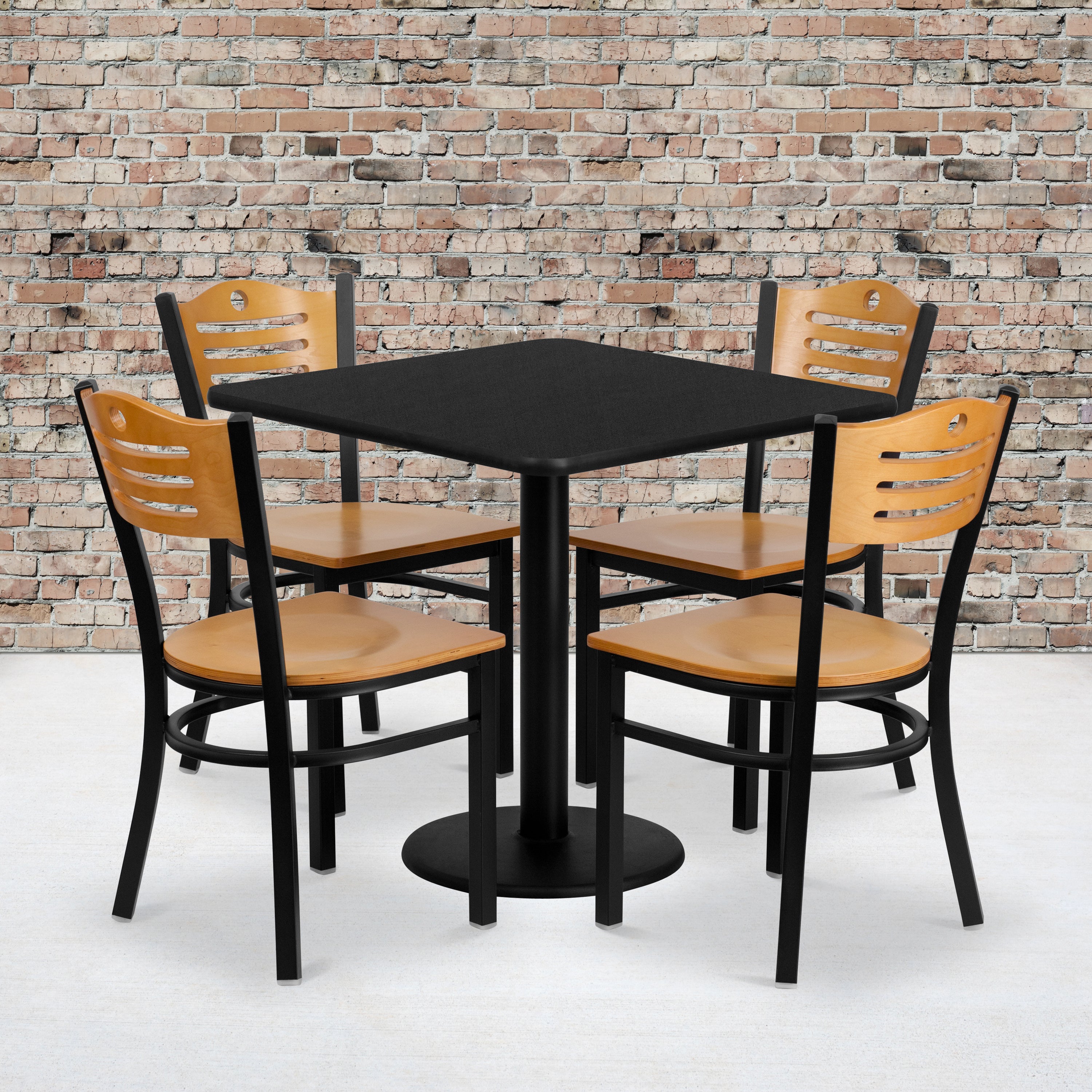 Clark 30'' Square Black Laminate Table Set with 4 Wood Slat Back Metal Chairs - Natural Wood Seat