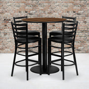 Clark 36'' Round Walnut Laminate Table Set with 4 Ladder Back Metal Barstools - Black Vinyl Seat