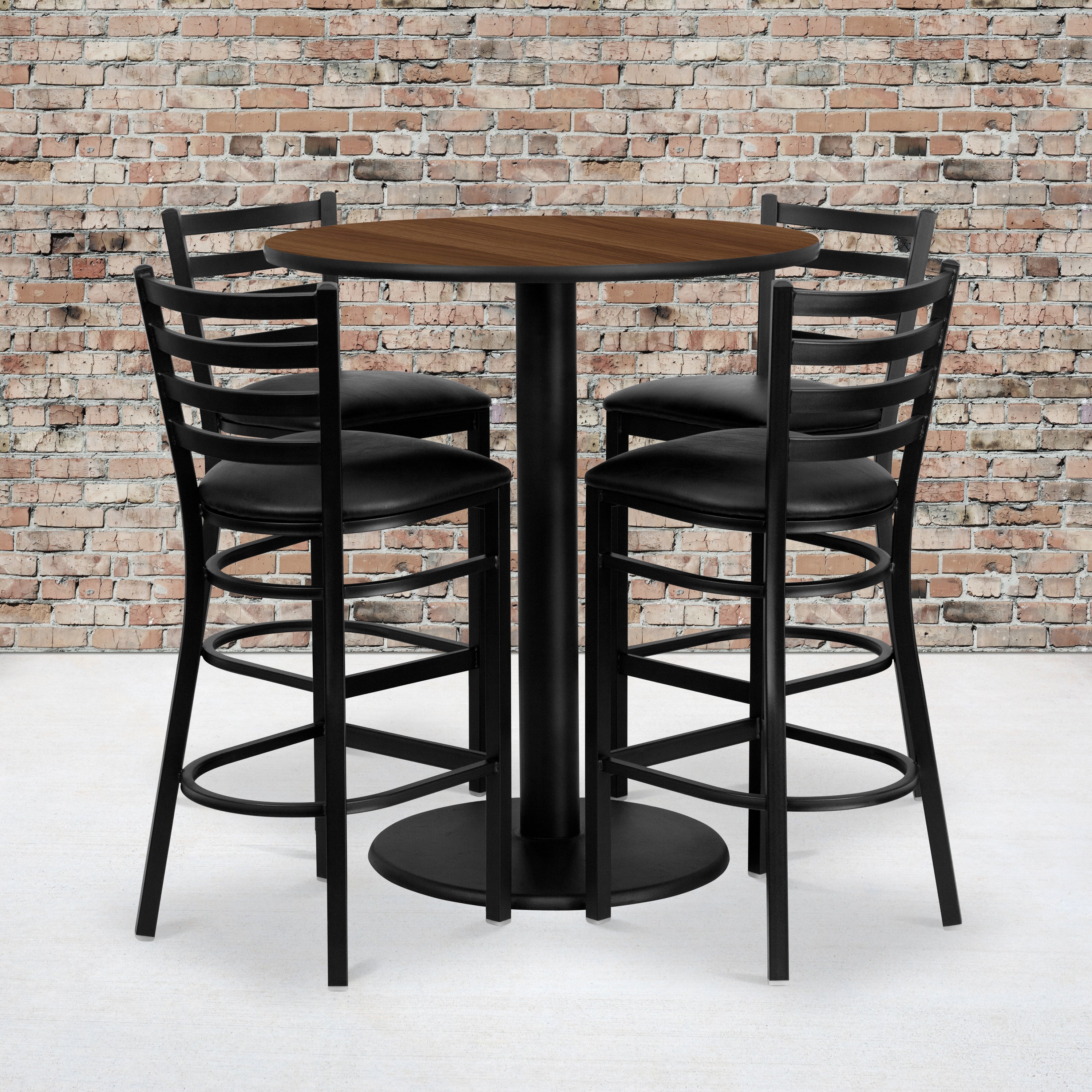Clark 36'' Round Walnut Laminate Table Set with 4 Ladder Back Metal Barstools - Black Vinyl Seat